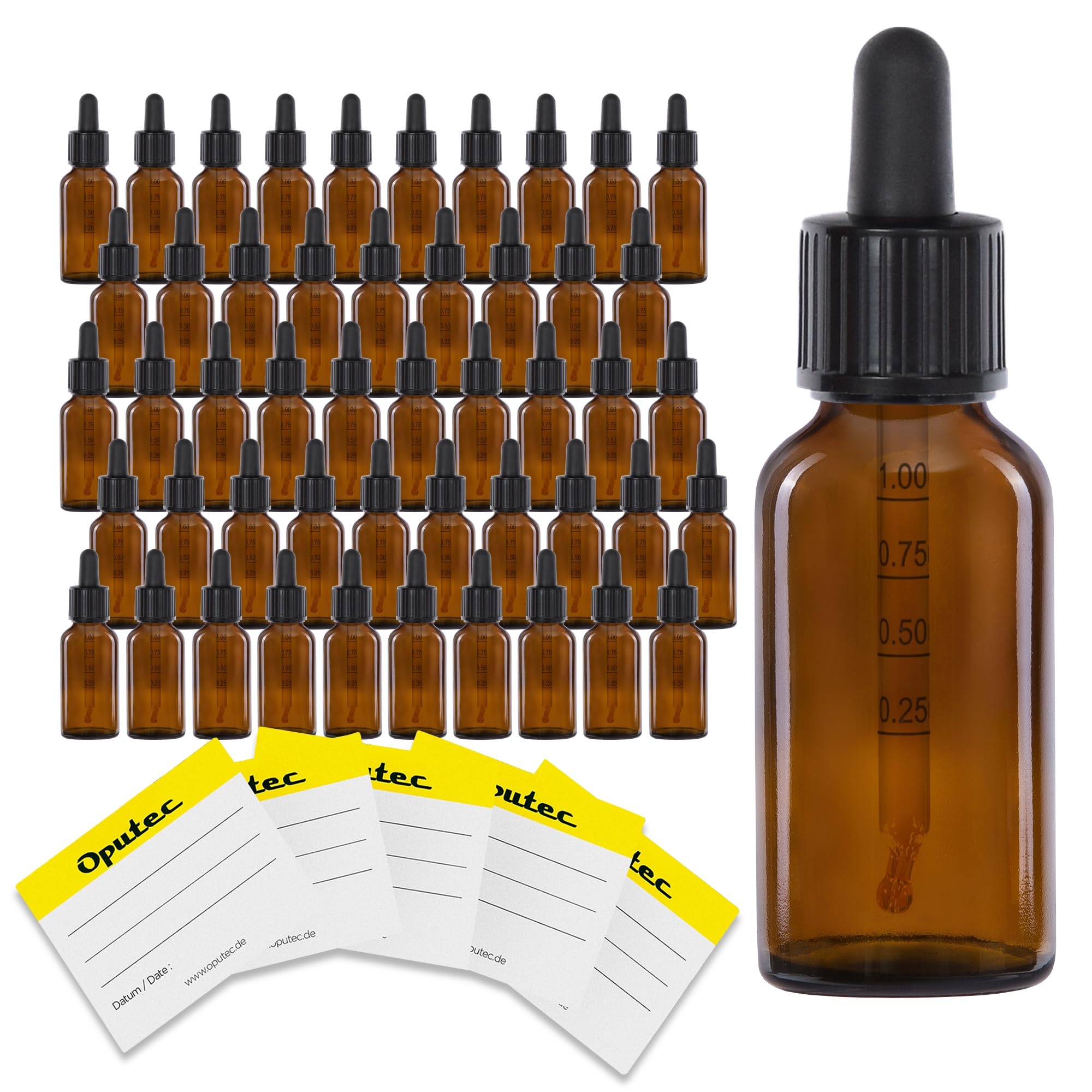Oputec 50x 30 ml Pipettenflaschen Braunglas mit Glaspipette & Skala + Etiketten – auslaufsichere Tropfflaschen für Öle, Tinkturen, Kosmetik