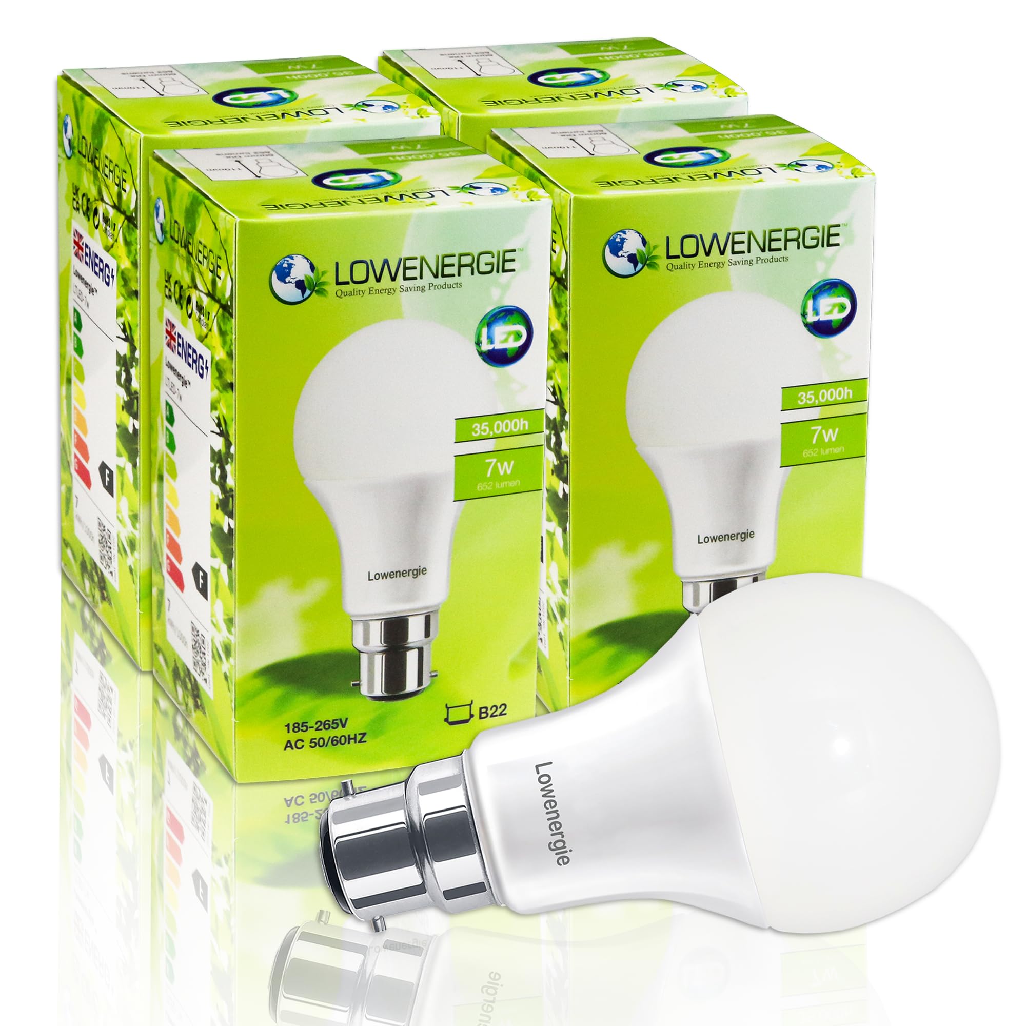 LOWENERGIE LED Light Bulbs 7W B22 Bayonet Day White 6000K A60 GLS Lamps – Pack of 4, 60W Equivalent Energy-Saving Everyday Lighting [Energy Class F]