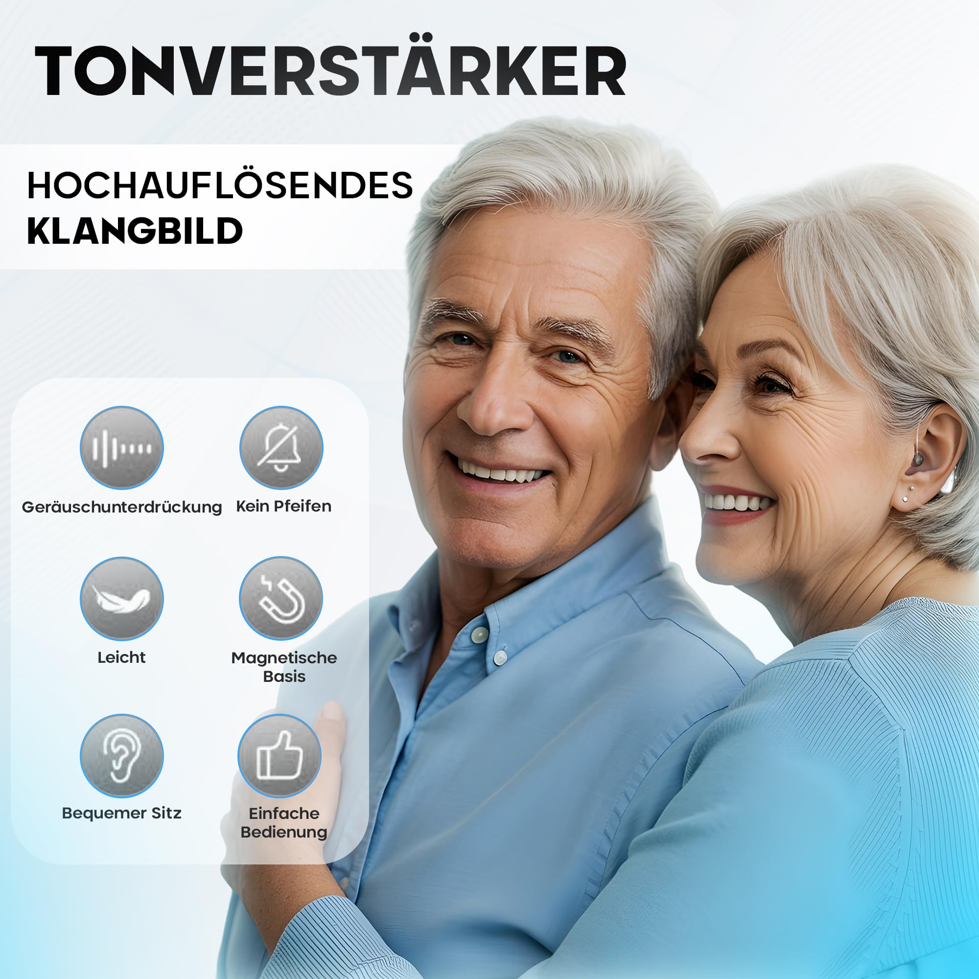 Wiederaufladbarer persönlicher Soundverstärker (2 Stück), ultraleicht (4 g), hinter dem Ohr (BTE), DSP-Chip, einstellbare Lautstärke, magnetische Ladestation, für TV und Gespräche