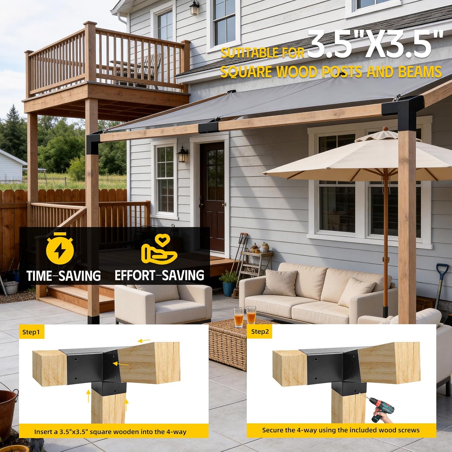 Pergola Slanted Roof Bracket kit 1Pack,4-Way 15-Degree Right Angle Corner Bracket for 4x4 (Actual:3.5“x3.5) Lumber for Pavilions,Gazebos,Porchs - 4Pack
