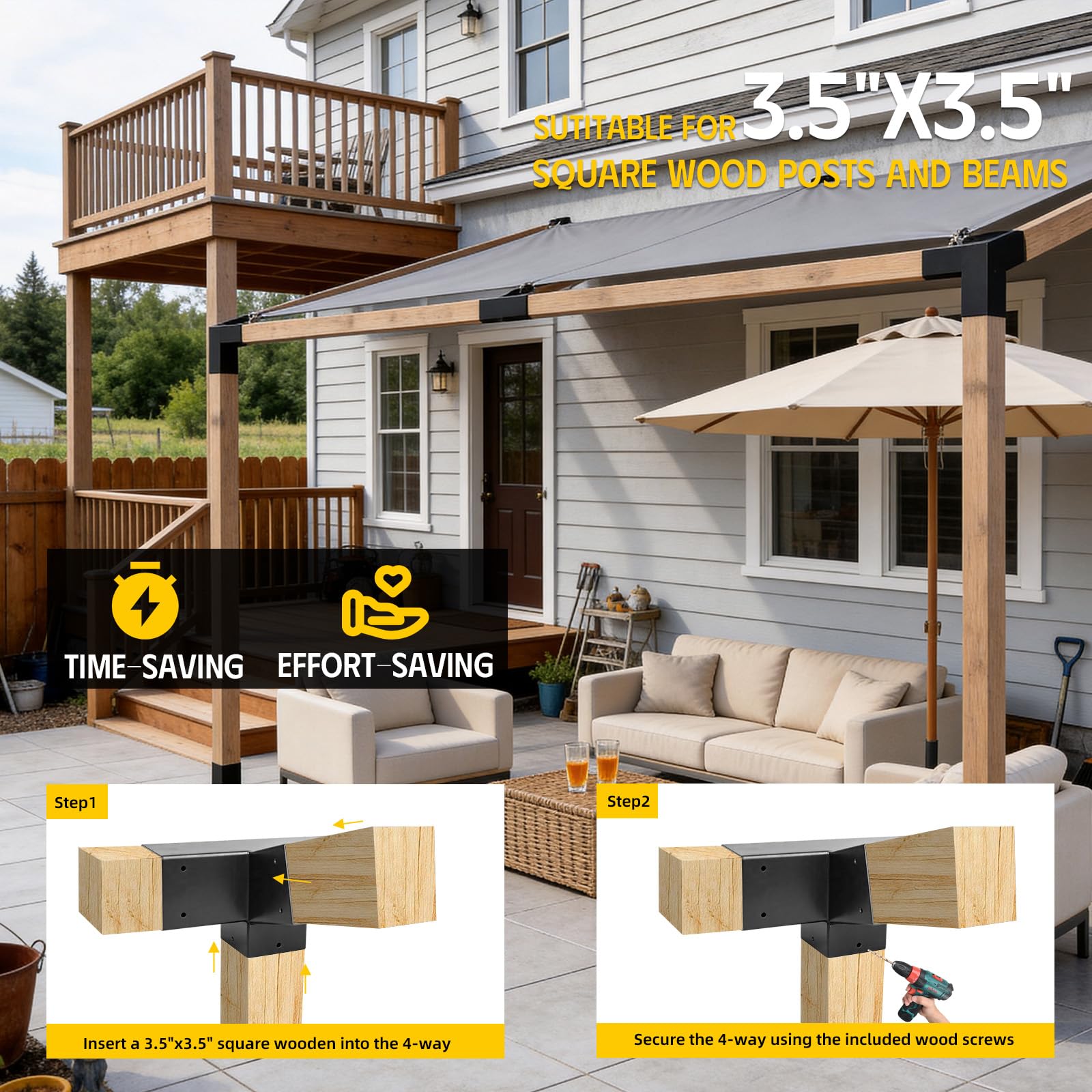 Kit di staffe inclinate per tetto pergolato, confezione da 2, staffe angolari a 4 vie a 15 gradi ad angolo retto per legname da 4 x 4 (attuale: 8,9 x 8,9 cm) per padiglioni, gazebo, portici
