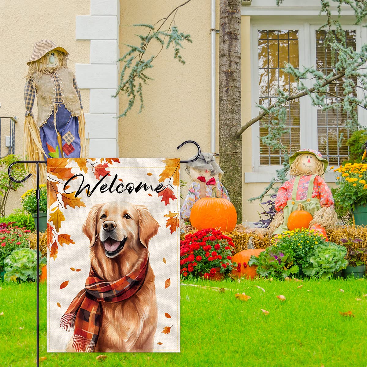 Bandiera Da Giardino Autunnale Balgardekor Con Golden Retriever E Scritta Welcome – Iuta Sintetica 32x45 Cm – Decorazione Esterna Per Ringraziamento