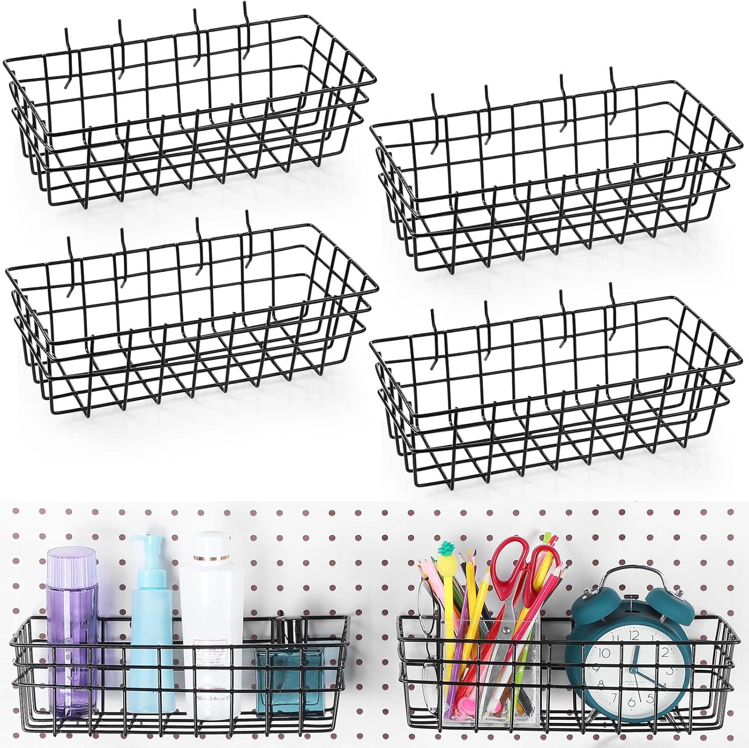 Sieral 4 Pcs Large Pegboard Baskets Set 12 x 6.5 x 4 Inch Black Metal Wire Baskets Peg Board Organizer Accessories Wall Mount Pegboard Bins Workbench Garage Storage Versatile Wall Organizer Attachment