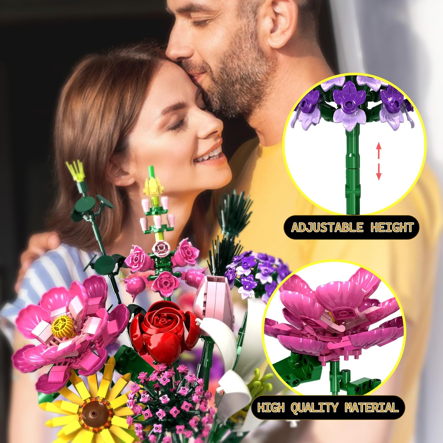 Flower Building Kit, 699 PCS Eternal Flower Bouquet with Peony, Rose, Sunflower, Lily & More, DIY Floral Arrangement Set for Home Decor, Gift for Christmas Day, Building Blocks for Adults & Kids