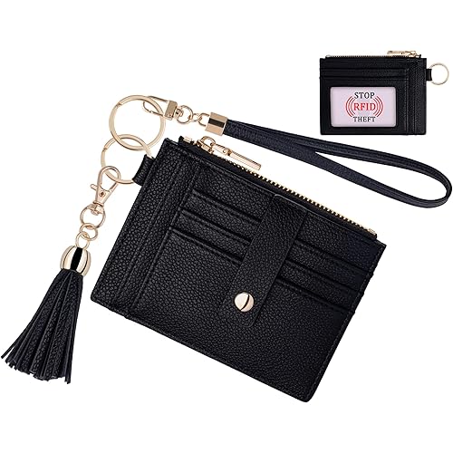 Aiyo Nice Women Slim RFID Card Case Holder Wristlet Zip ID Case Wallet Small Leather Wallet Coin Purse with Keychain