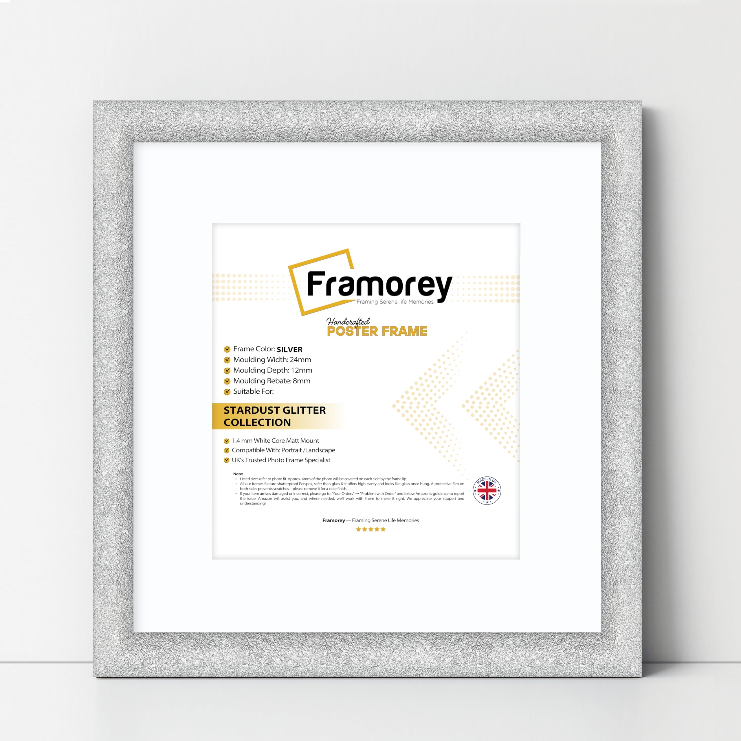 FRAMOREY Square Size Glitter Sparkle Picture Frame, 12x12" Size Silver Photo Frame With 10x10" Size White Mount, Best Wall Art Hanging Frames