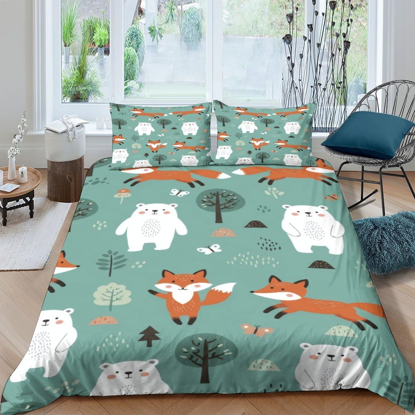 Ctjqhvkz Style-2 3D Printed Forest Animal Fitted Sheet Microfiber Cartoon Fox Bear Bed Cover For Bedroom Dorm Easy Care Decor Single（135X200cm）