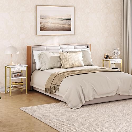 Miniatura 5 de HOOBRO Juego de 2 mesas auxiliares con estación de carga y puertos USB, mesita de noche de 3 niveles con estantes ajustables, mesa auxiliar estrecha