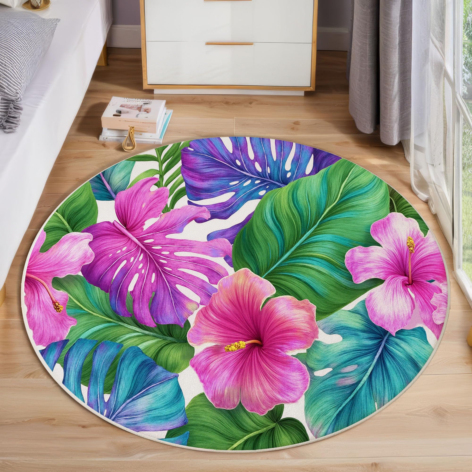 Tapis Rond Doux Fleurs Exotiques À Feuilles 120 Cm Grand, Lavable Machine Tapis Rond À Poils Courts Antidérapant Plantes Tropicales Rose Vert Pour Salons Chambres À Coucher Chambres D'Enfants