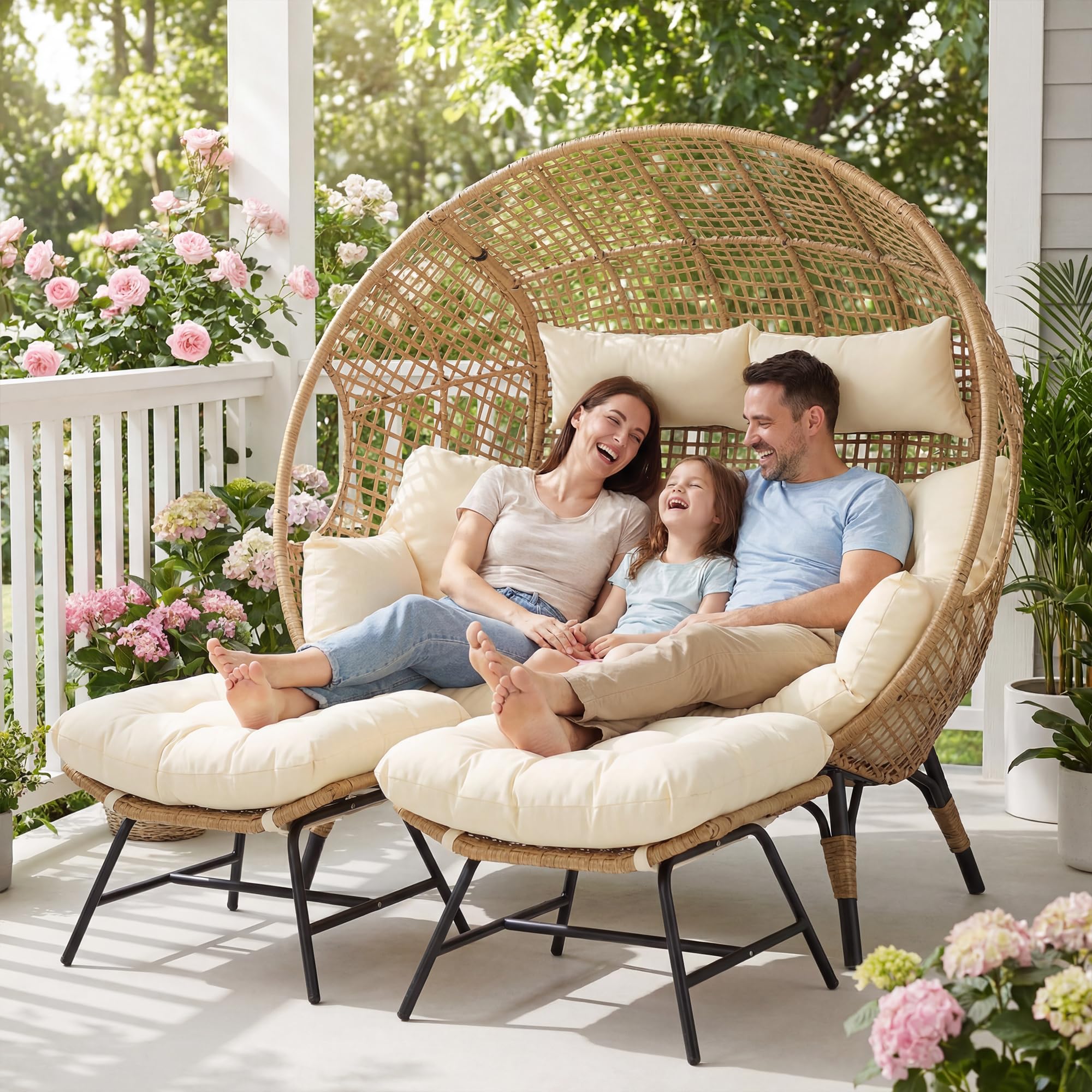 NICESOUL Stationary Egg Chair Indoor Outdoor Wicker Oversized Thick Cushions Egg Shaped Loveseat Chair, Egg Basket Lounge Chair with Ottoman Footrest for Patio Balcony Porch Bedroom Beige