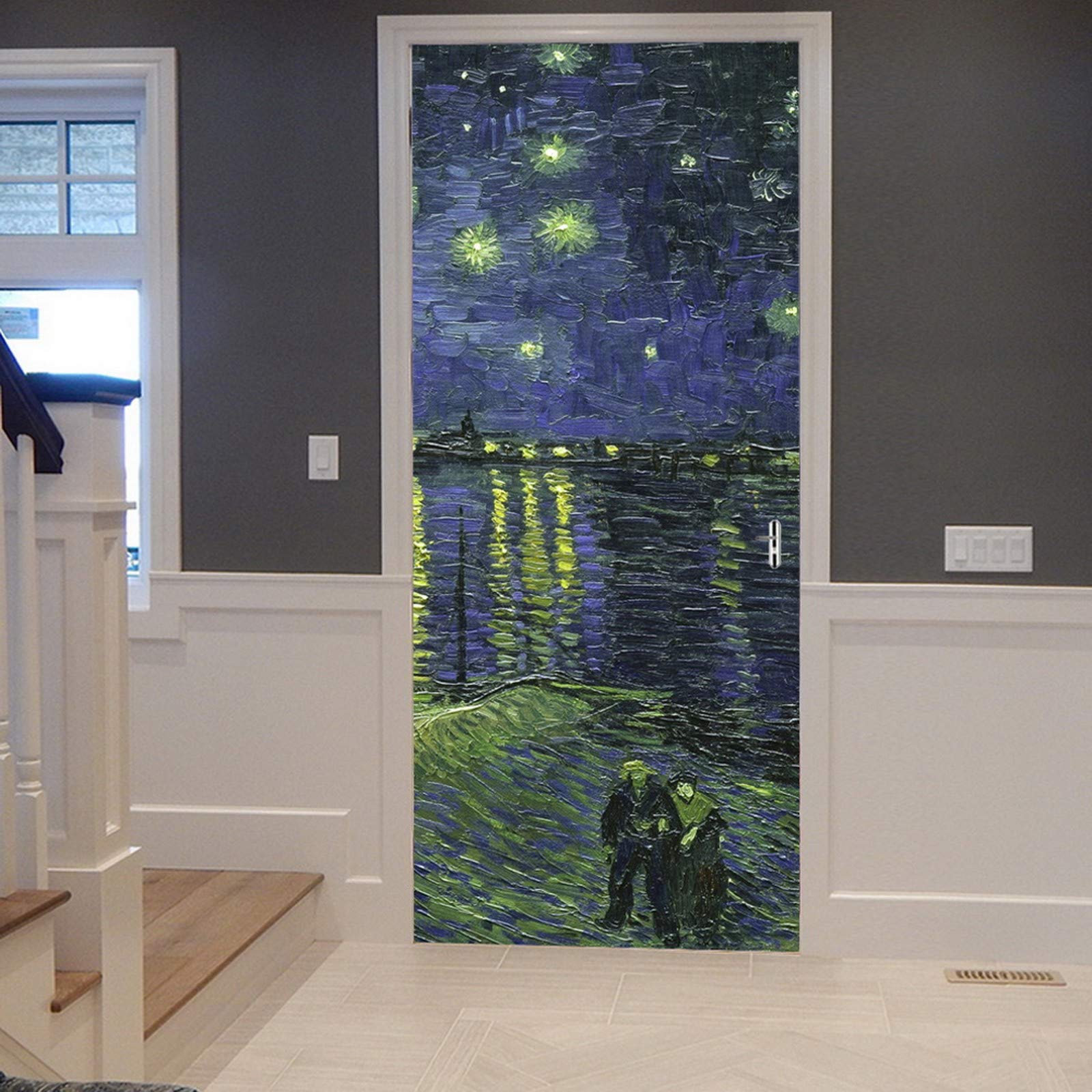 A.Monamour Adesivo Porta Autoadesiva Notte Stellata Sul Rodano Di Vincent Van Gogh Dipinto Ad Olio Vinile PVC Adesivi per Porte Interne 3D Pellicola Adesiva Poster Sticker Murale Decorazione da Parete