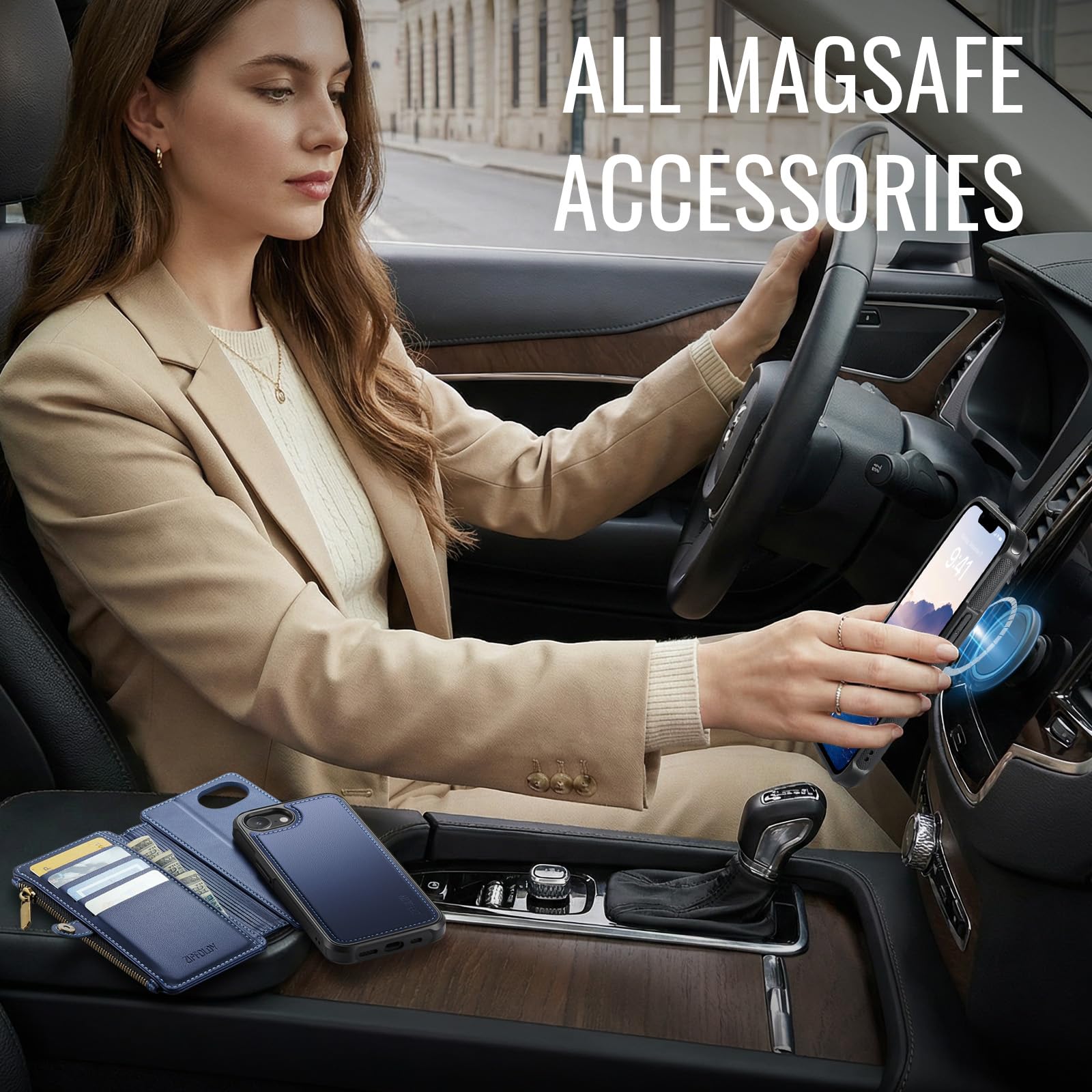 Per iPhone 16E - Custodia a portafoglio magnetica staccabile, blu | Compatibile con Magsafe, porta carte di credito con blocco RFID, tasca con cerniera, cinturino da polso