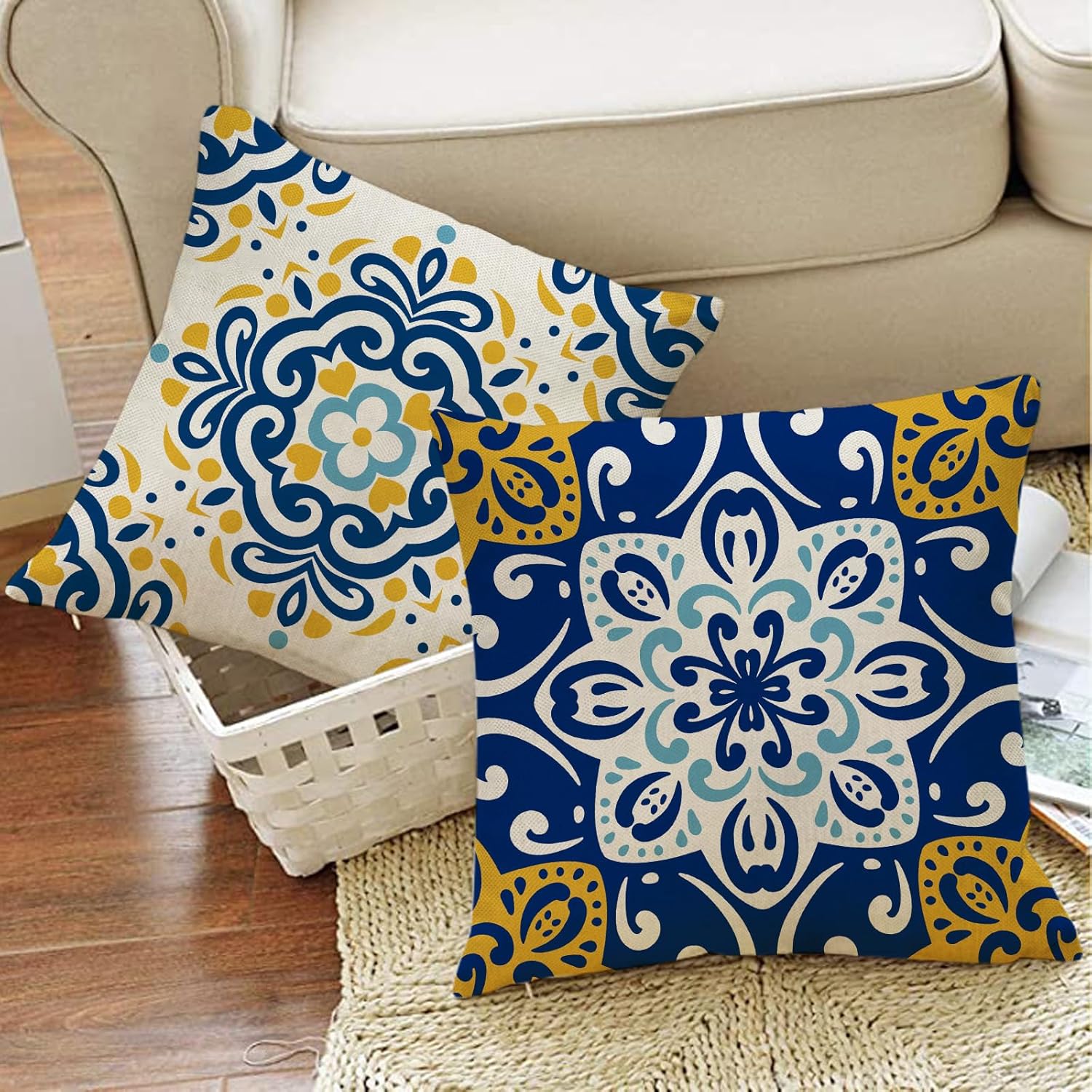 Boho Mandala Flower Decorative Throw Pillow Covers 18 x 18 Set of 4, Blue Yellow Geometric Floral Porch Outdoor Home Decor, Mediterranean Moroccan Abstract Aesthetic Art Couch Cushion Case - Image 6