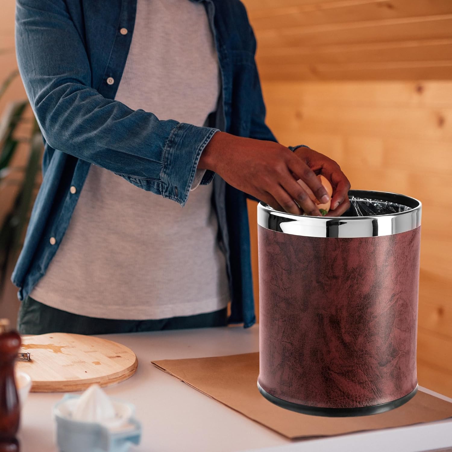 'Invisi-Overlap' Open top Leatherette Trash Can, Small Office Wastebasket, Modern Home Décor, Round Shape (Burgundy)