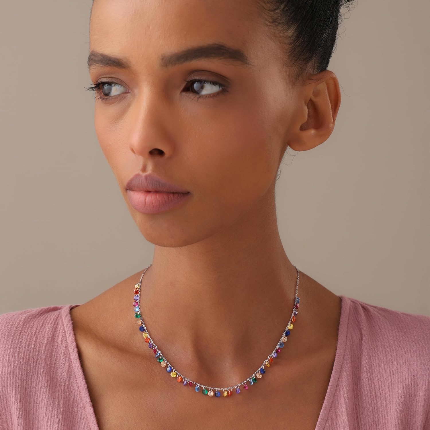 LeCalla 925 Sterling Silver Multi-Color Necklace for Women | Rainbow Cubic Zirconia Charm Pendant Necklace | Adjustable Chain Rainbow Gemstone Jewelry Gift for Her Birthday Anniversary