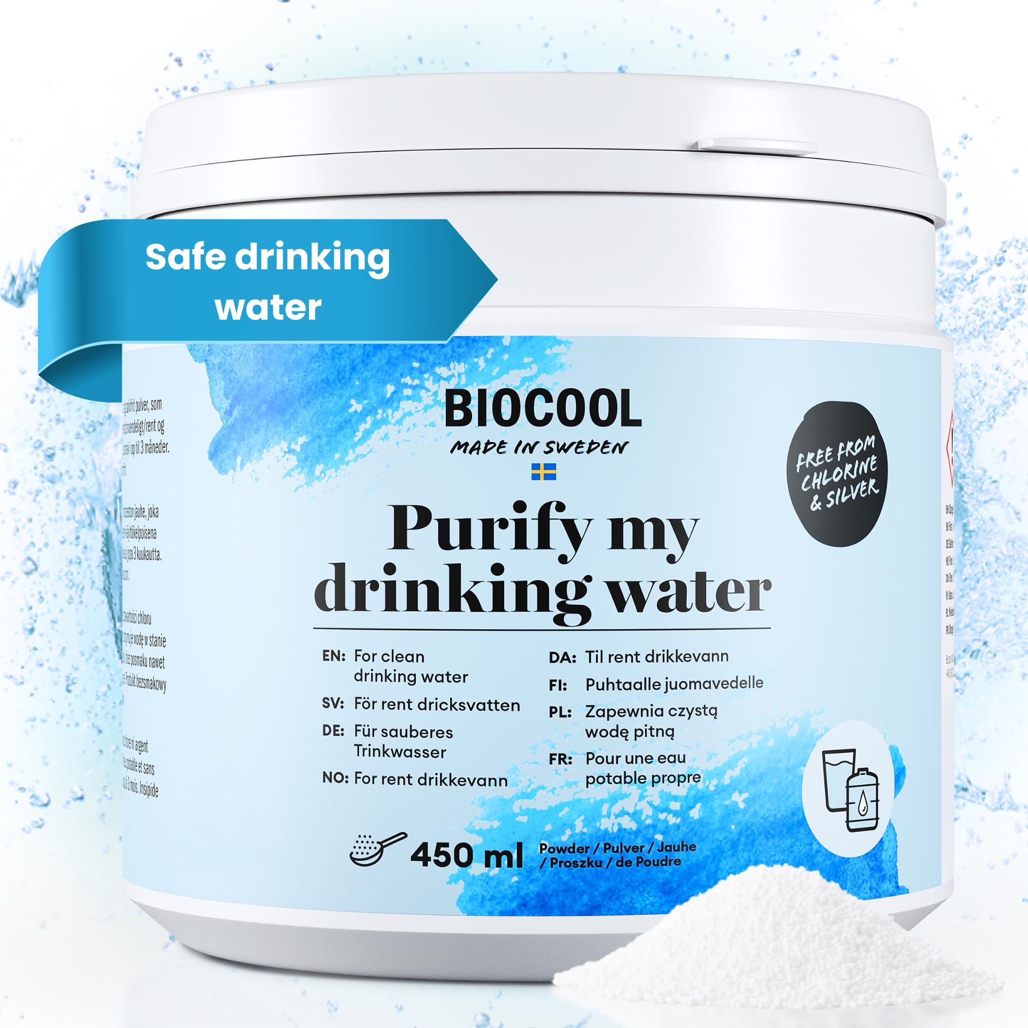Biocool Water Purification Disolvable Powder – Treats up to 3,000 litres of water for Clean Drinking Water in Caravans, Camping, Hiking and Emergencies - 450ml Powder — image 1