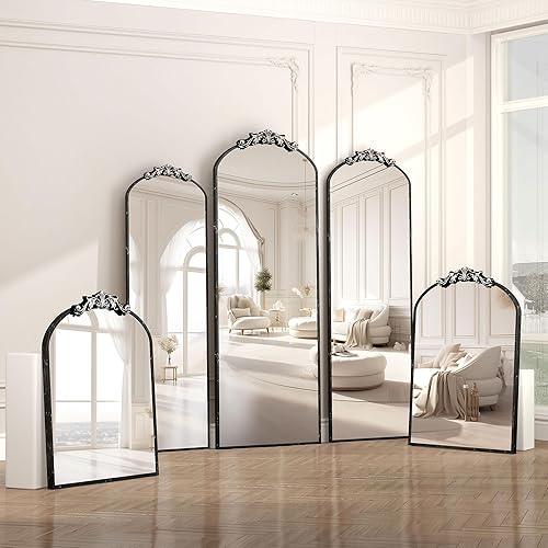 Miniatura 5 de Hasipu Espejo de pared vintage negro de 69 x 24 pulgadas, espejo arqueado antiguo con marco de metal, espejo adornado negro, espejo barroco para