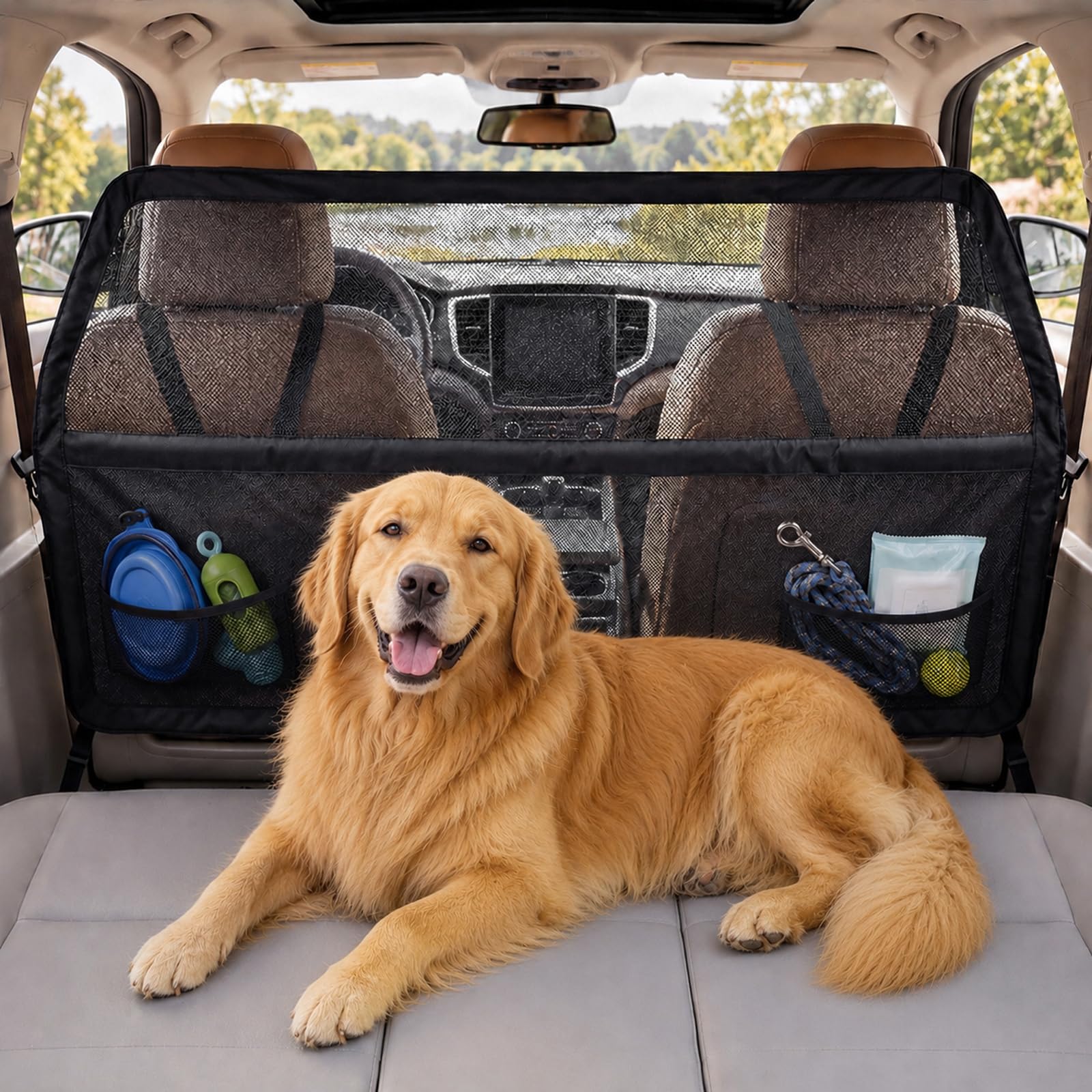 Hundegitter Auto Rücksitz & Kofferraum, 142x81cm Universal Trenngitter Kofferraum Hund mit Kausicheres Netz & Metallrahmen, Kofferraum Trenngitter für SUVs, Limousinen & LKWs