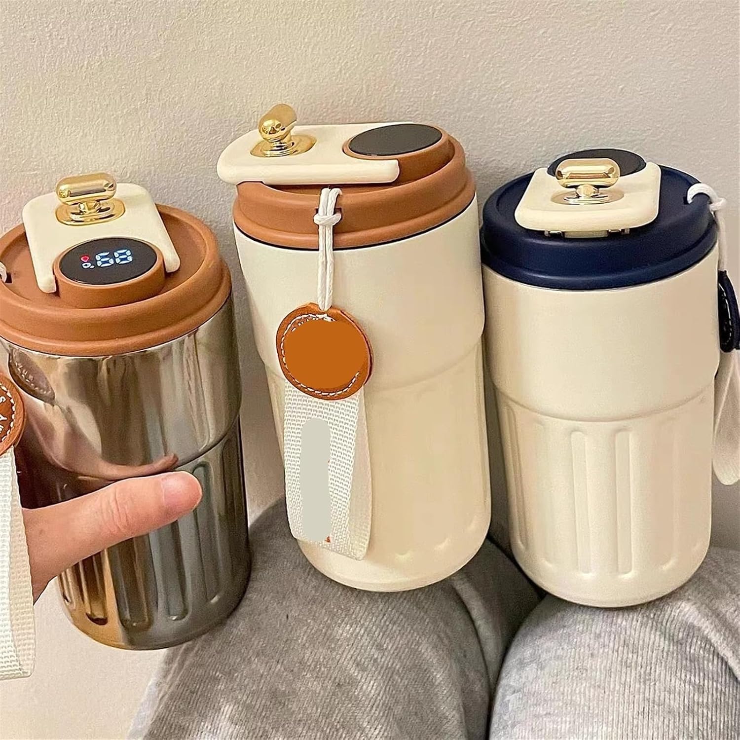 TOWINE Insulated Water Bottle Stainless Steel Insulated Water Cup Office Insulated Cup Portable Rope Coffee Cup with Temperature Display Water Bottle for Hot and Cold (Color : C, Size : 450ML)