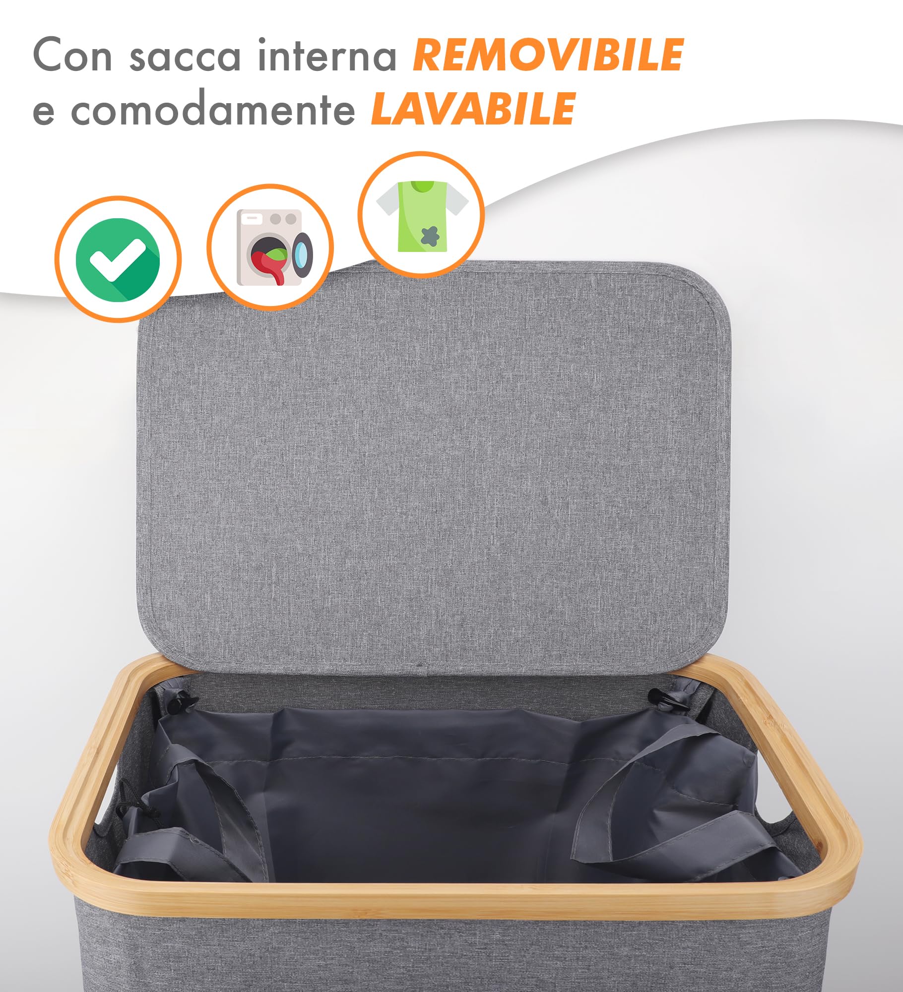 IlGruppone Cesto Portabiancheria con Coperchio Cesta Bucato 100L con Sacco Interno Removibile Tessuto Oxford Manici in bambù Pieghevole Grande Biancheria Sporca - Grigio