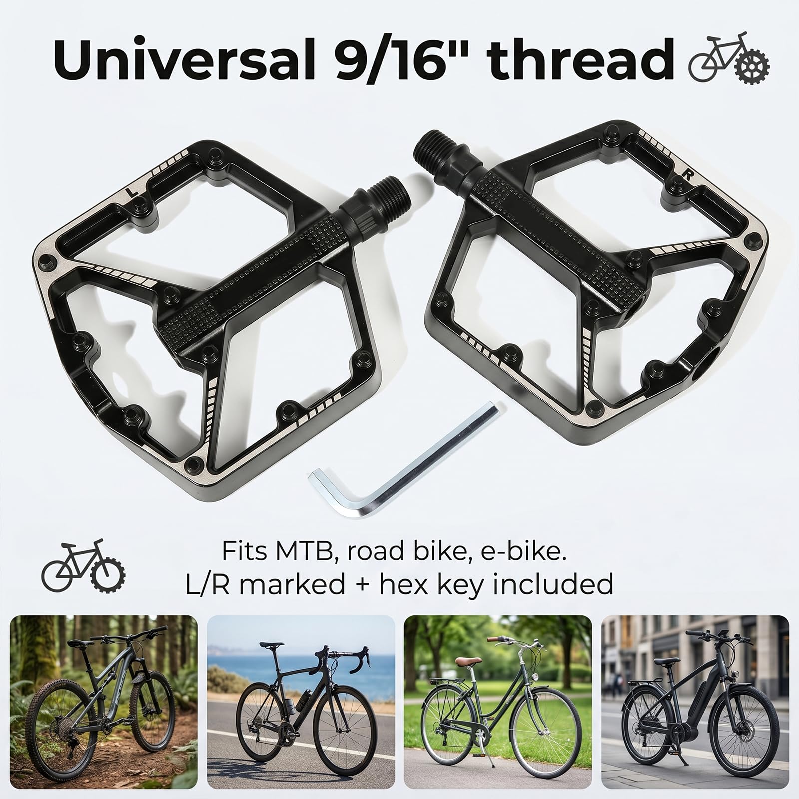VINATO Pedali Mtb Pedali Bicicletta Alluminio Pedali a piattaforma leggeri e larghi con due cuscinetti sigillati DU Pedali da bici da 9/16 pollici