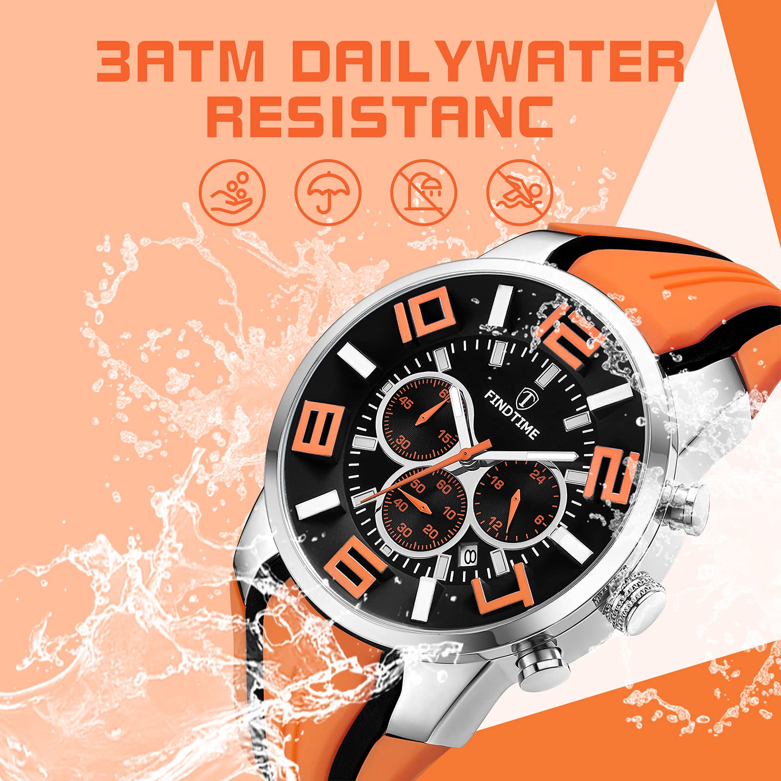 findtime Montre de sport pour homme - Chronographe militaire - Analogique - Quartz - Silicone - Grand chiffres - Date - Minuteur - Rouge