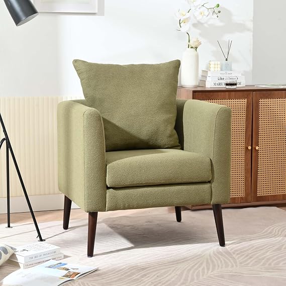 Modern Accent Chair, Olive Green Fleece Upholstered Armchair, Mid Century Lounge Chairs, Comfortable Reading Chairs with Wood Legs for Living Room, Bedroom, Reception Room (Olive Green)