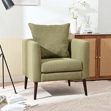 Modern Accent Chair, Olive Green Fleece Upholstered Armchair, Mid Century Lounge Chairs, Comfortable Reading Chairs with Wood Legs for Living Room, Bedroom, Reception Room (Olive Green)