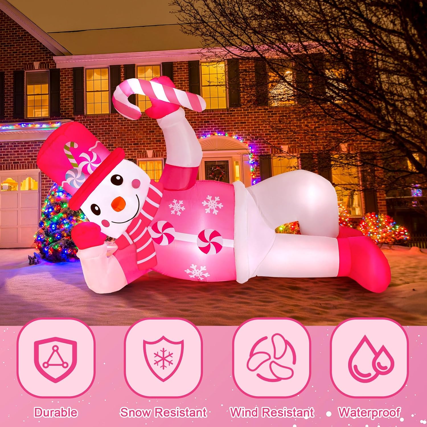 Jenaai 6 FT Christmas Inflatables Snowman Outdoor Decorations Blow Up Yard Snowman Inflatable with LED Lights for Xmas Holiday Party Patio Garden Lawn(Pink,Lying)