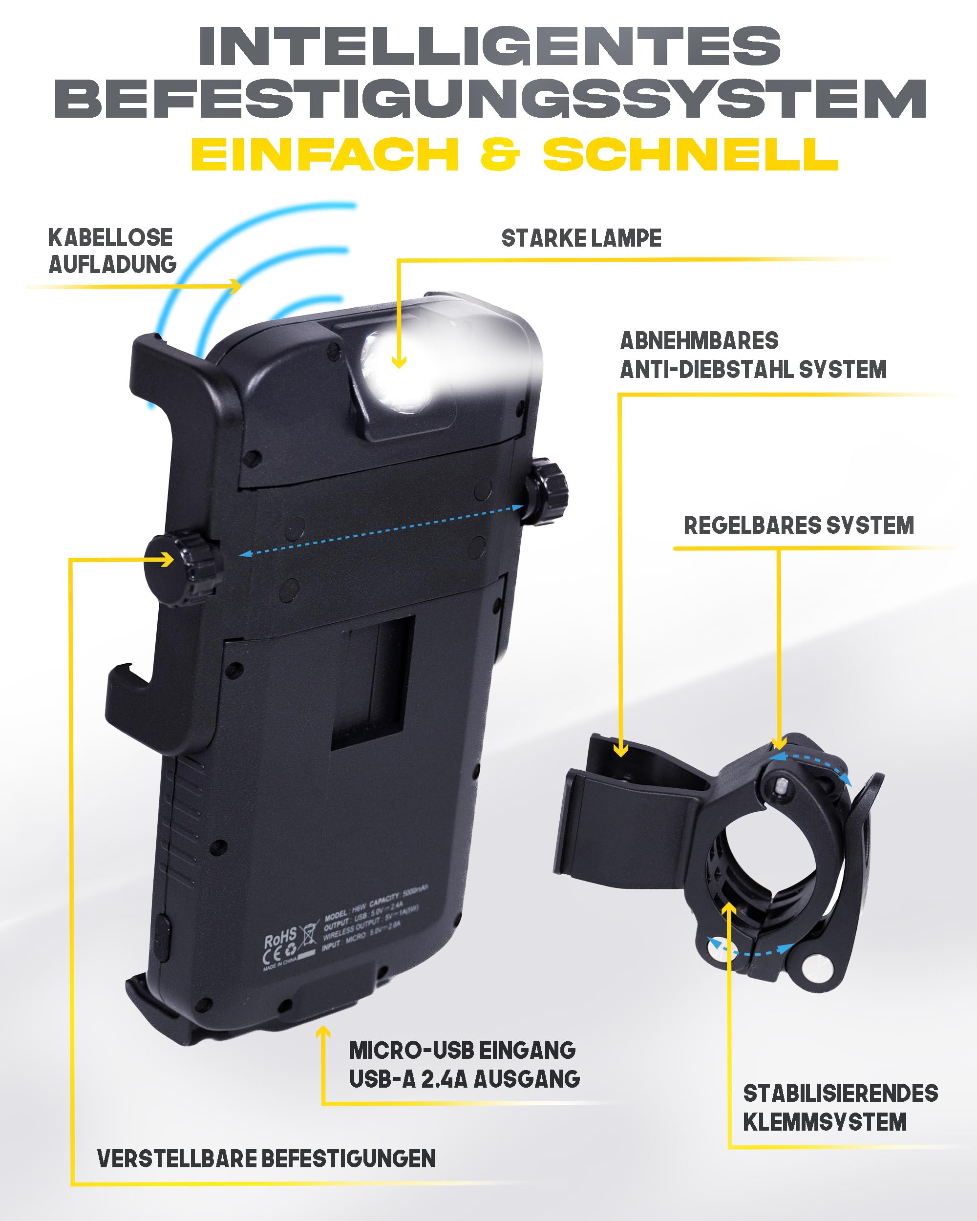 Sunslice Fahrrad Handyhalterung mit integrierter Powerbank Wireless und Fahrradlicht für Smartphone Halterung mit Kabellose Ladefunktion