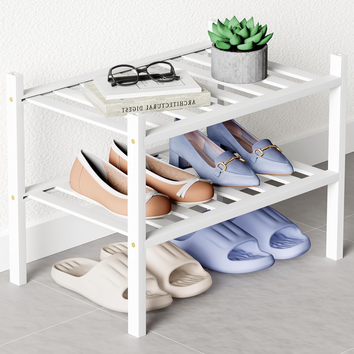 Smiry Bamboo Shoe Rack for Closet, 3 Tier Long Wooden Stackable Shoe Organizer, Free Standing Shoes Storage Shelf for Entryway, Front Door Entrance, Natural