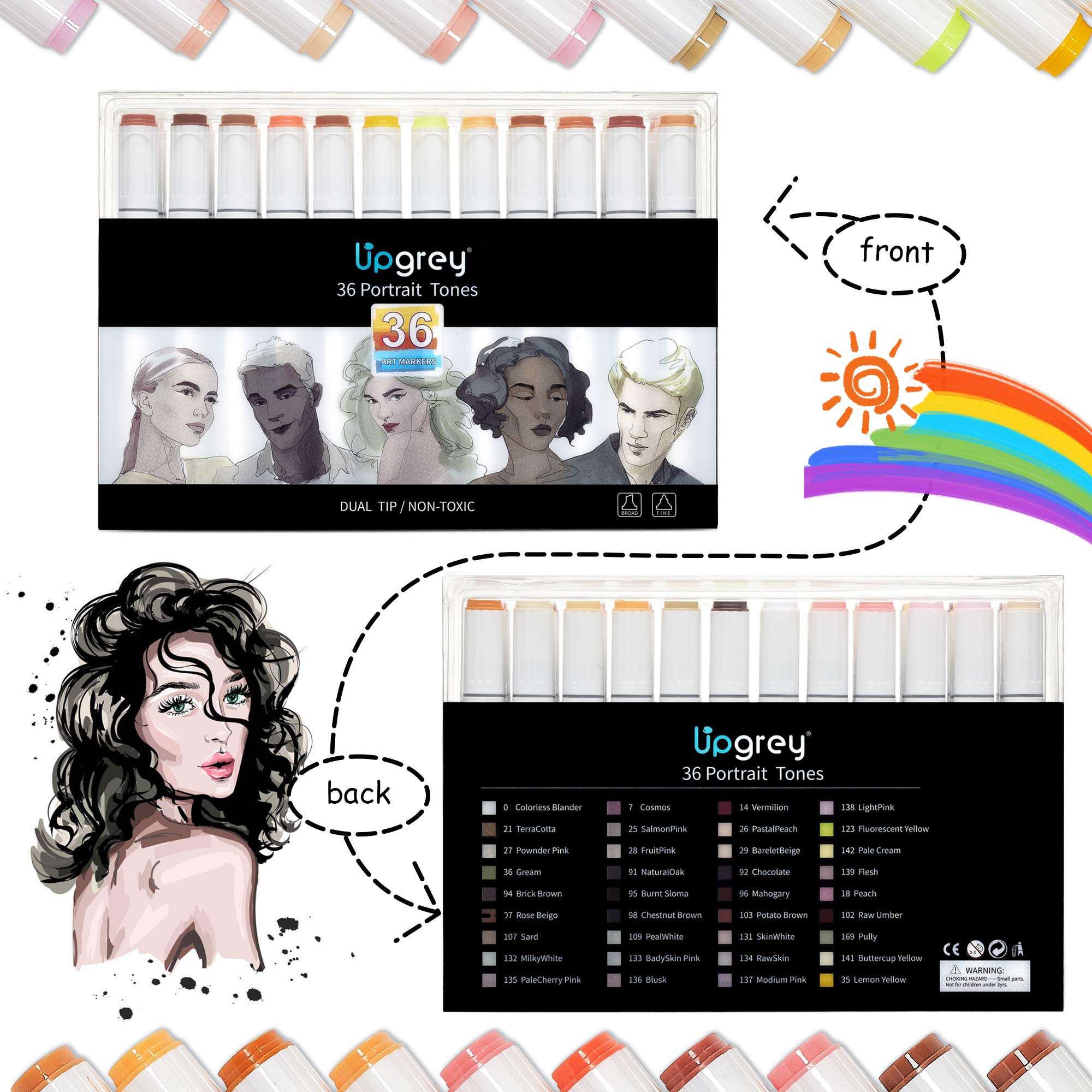 UPGREY Skin Tones Art Markers, 36 Colors Alcohol Based Anime Skin Drawing Markers Pens Dual Tip