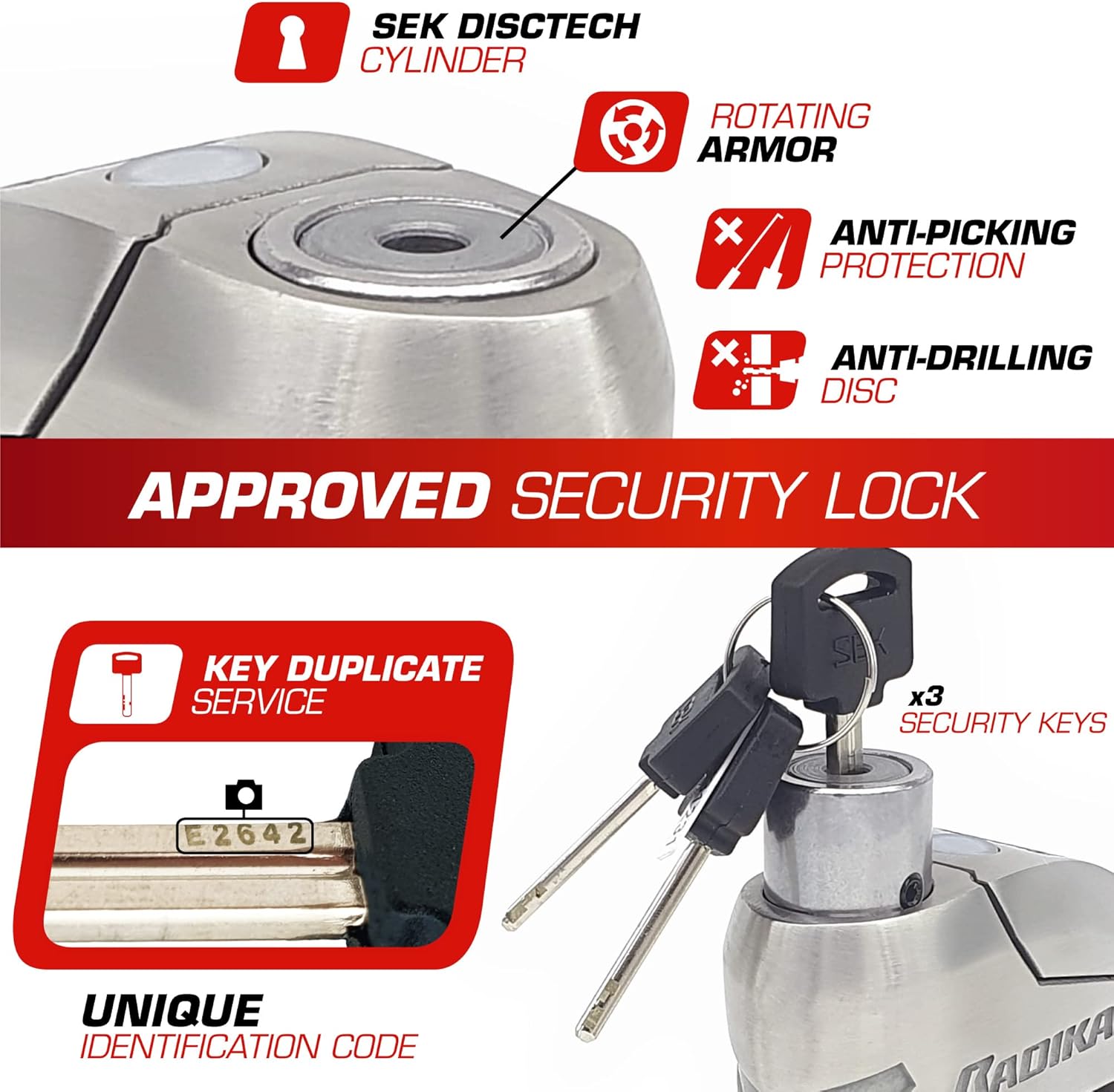 RADIKAL RK14S Premium Motorcycle Alarm Disk Lock 120dB On/Off, Warning LED Alert, SRA & Sold-Secure-Gold Approved Security Anti-Theft Brake Disc Lock for Motorbike, 14mm Double Locking Stainless Steel