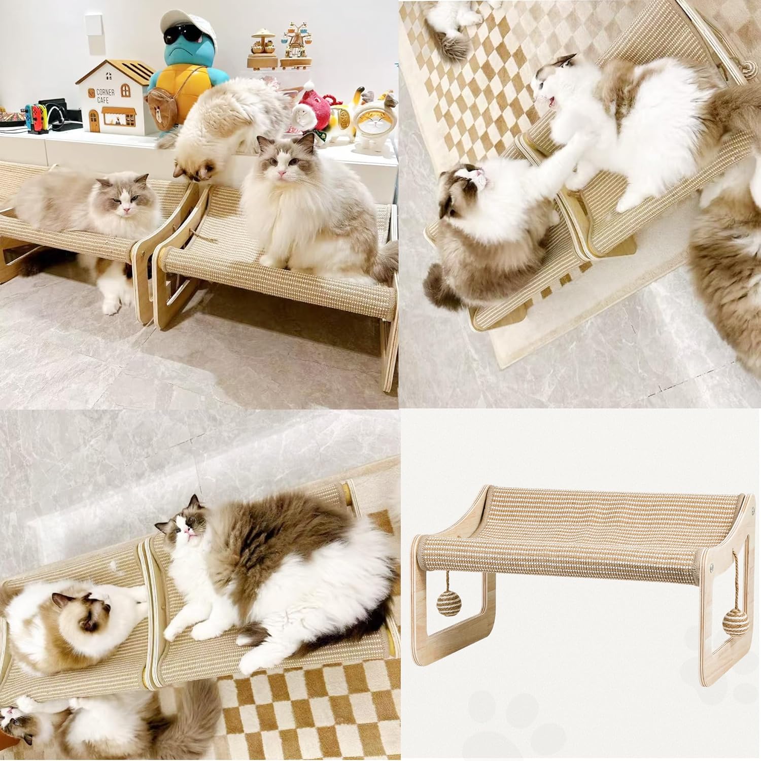 Sisal Cat Scratcher Bed for Indoor Cats,Hammock for Scratching Pad, 2 in 1 Elevated Cat Sisal Chair with 2 Toys Ball for Scratcher Lounge,Kitty Bench,Small Dog Bed,Natural Lounger Chair
