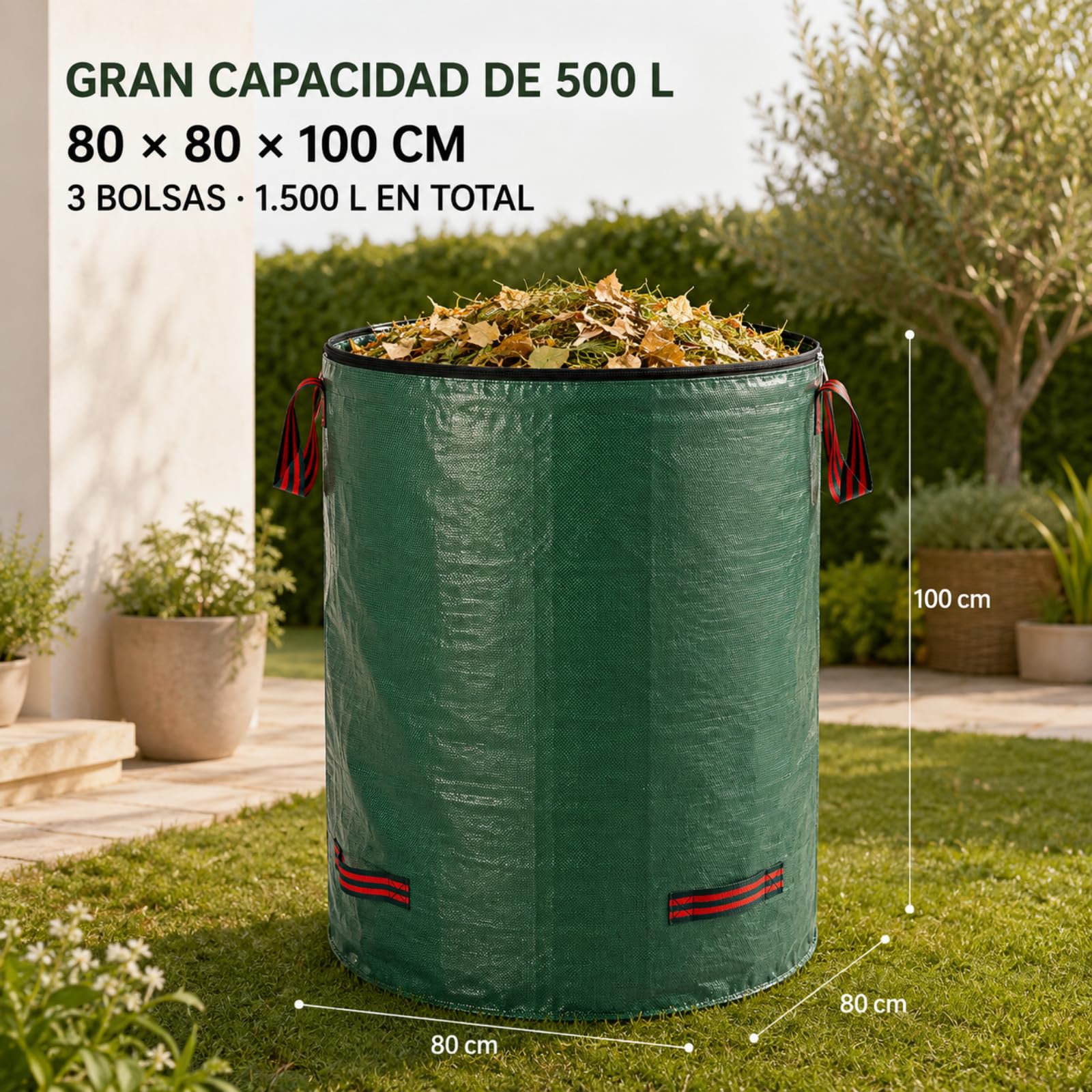 Sacchi Giardinaggio, 3 × 500 L, 4 Manici e Coperchi con Zip | 3 Sacchi da Giardino Riutilizzabili da 500 L con 4 Manici Rinforzati, Anello di Sostegno e Coperchio con Zip