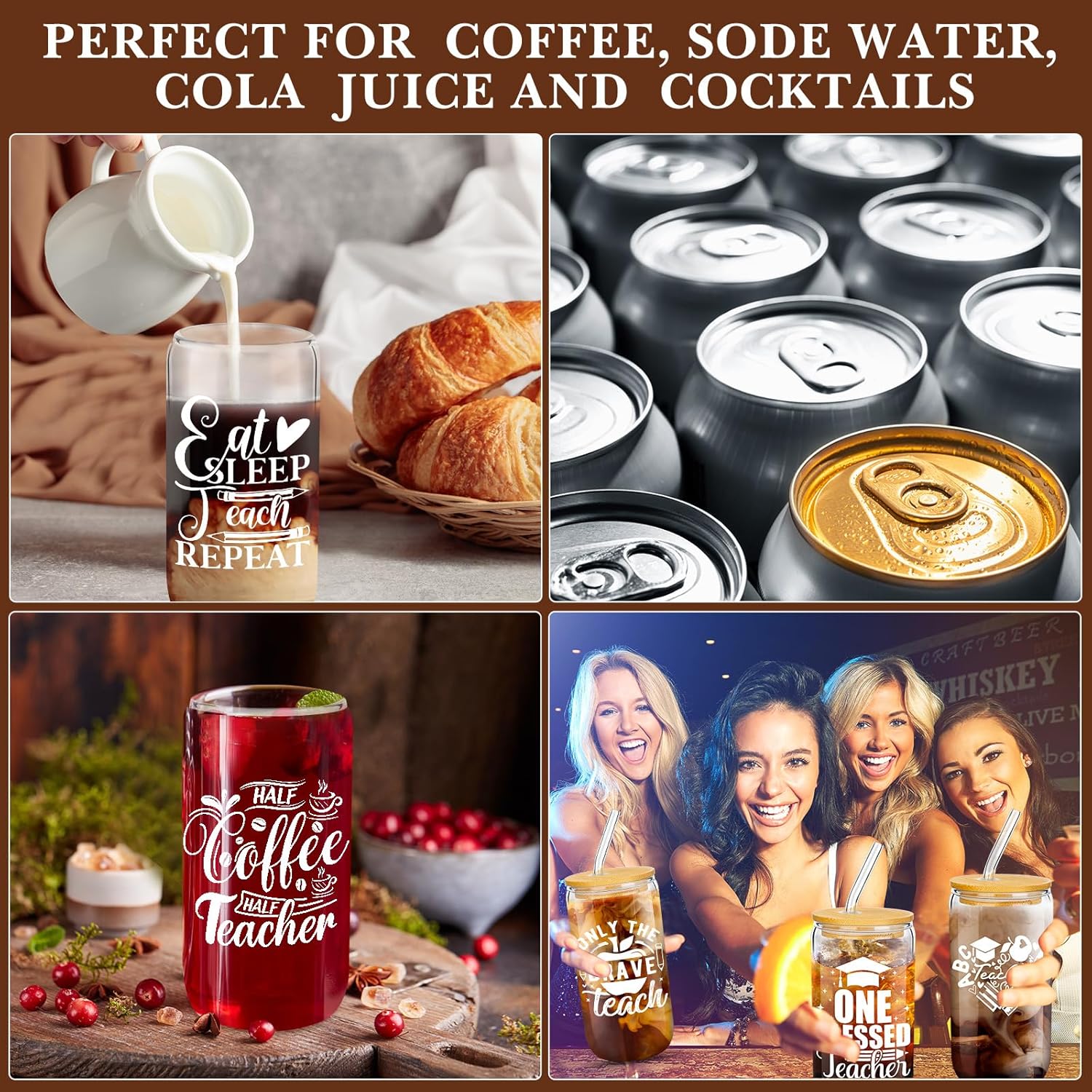 9 Sets Teacher Appreciation Gifts Bulk Valentine's Day Thank You Glass Cups 16 oz Tumbler Cup with Lids Straws Brushes Reusable Water Bottle Graduation Teacher Gift(Colorful Style) - Image 6