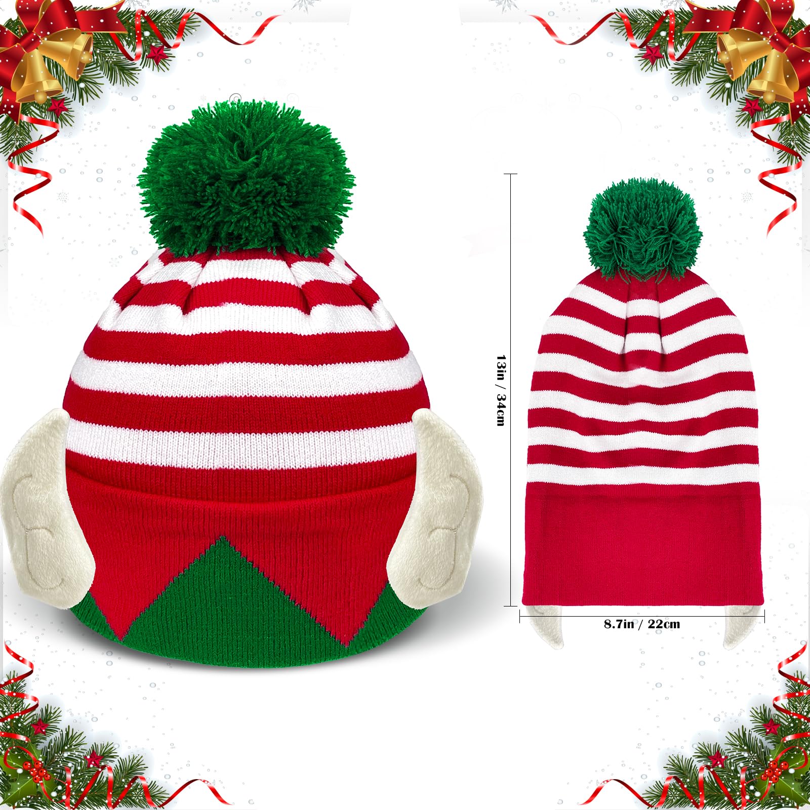 QLINLEAF Christmas Elf Kids Knitted Have Hat Xmas Red & White Stripes with Green Pom Hat With Ears Xmas New Year Party Hat