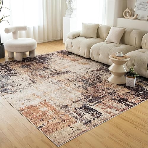 OIGAE Washable Rug 8x10, Abstract Modern Area Rugs with Non-Slip Backing, Non-Shedding Floor Mat Throw Carpet for Living Room Bedroom Kitchen Laundry Home Office, Gold/Brown