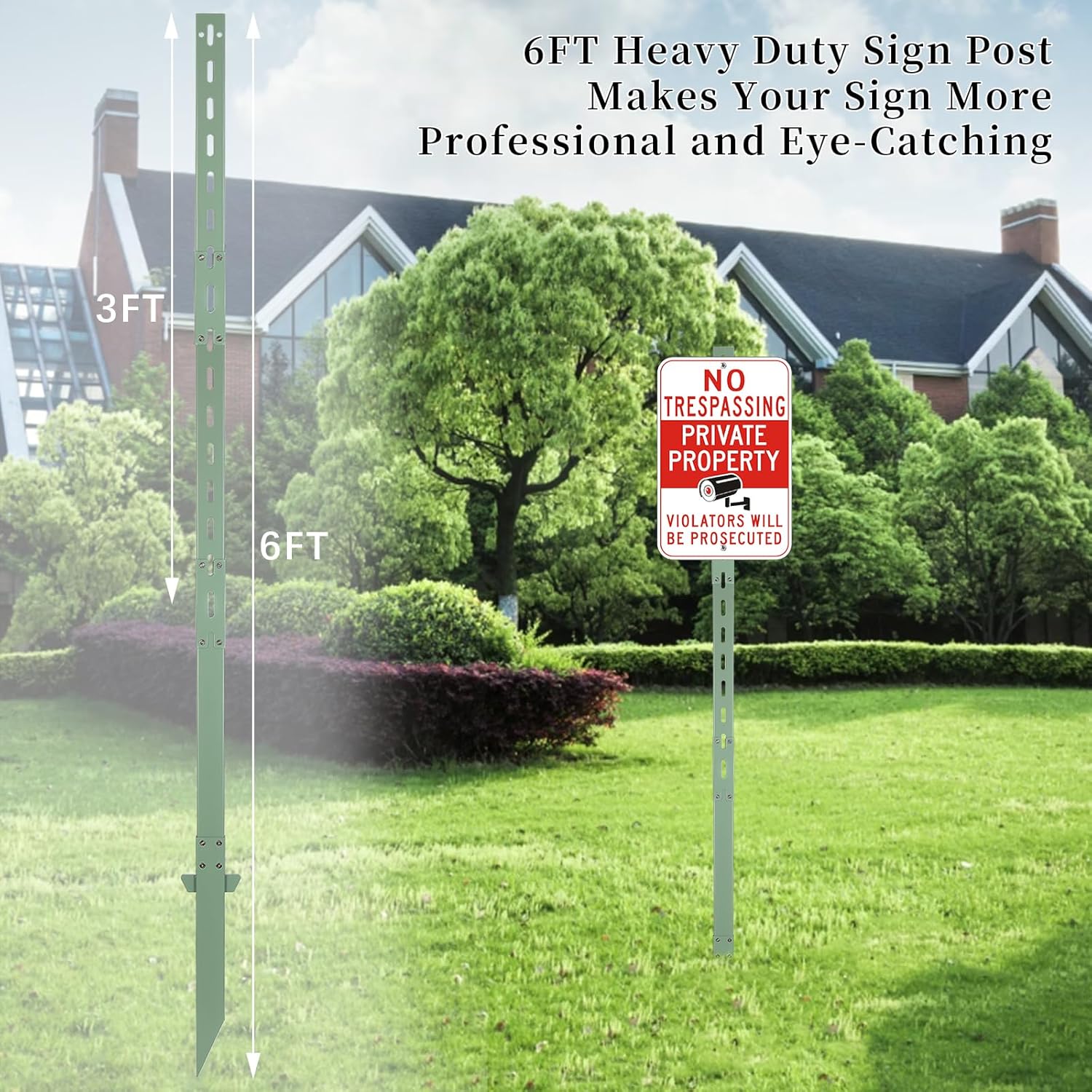 2-Pack 72-Inch Heavy Duty Yard Sign Stakes - 6-Foot Tall Metal Lawn Sign Posts, 8.8 lb Each with Green Powder Coating - for Outdoor Events, Parking, Garage, Bar, Lawn Signs