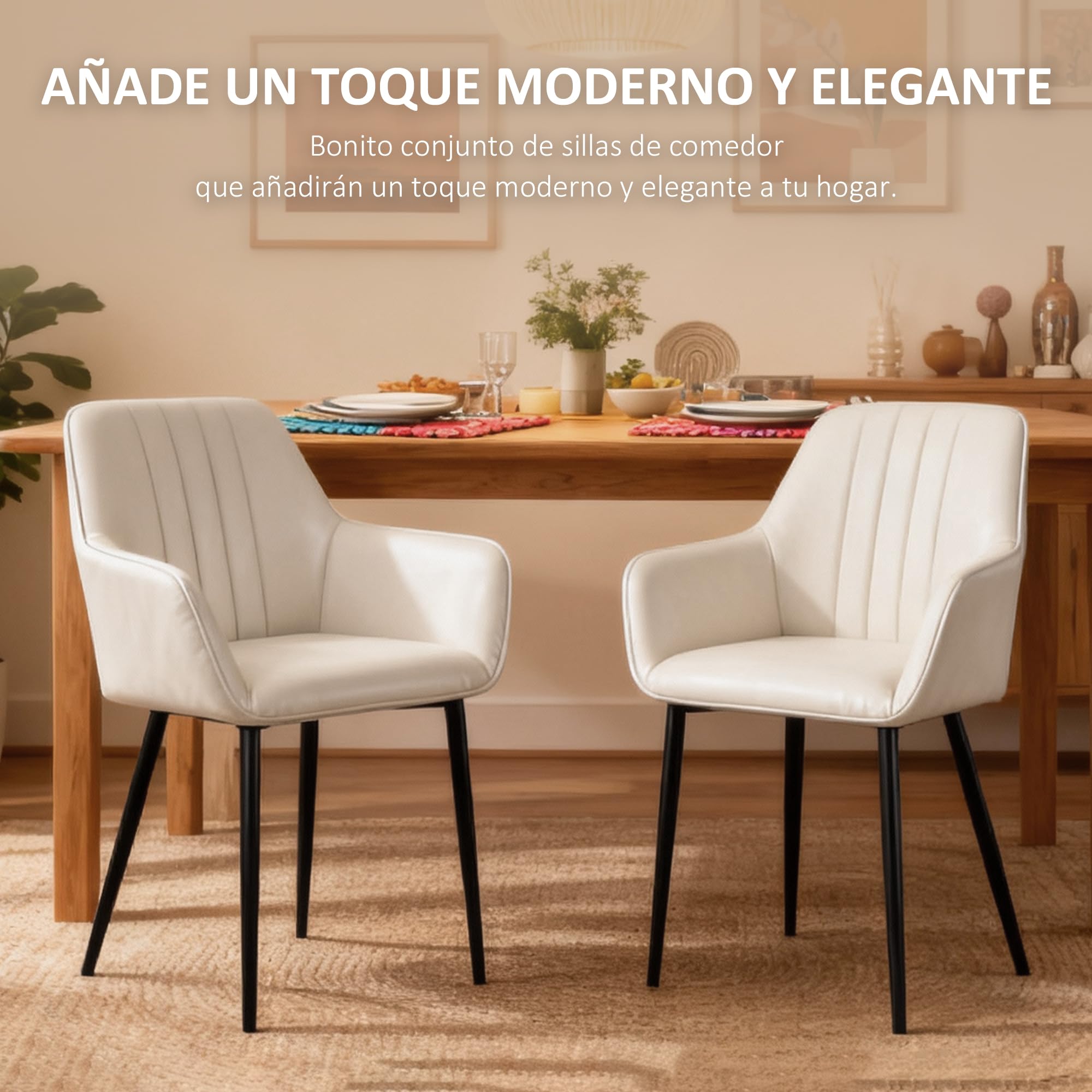 HOMCOM Pack de 2 Sillas de Comedor con Asiento Acolchado Beige | Sillas de Cocina Modernas, Tapizado, Respaldo Curvo, Reposabrazos, Patas de Metal, para Salón