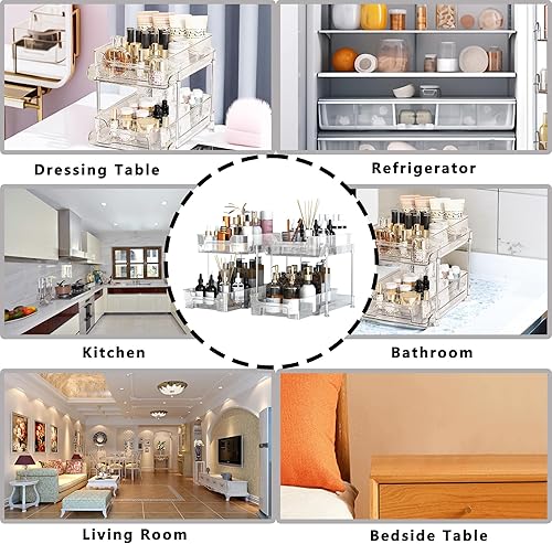 Miniatura 3 de Lovelyduo Organizador transparente de 2 niveles, paquete de 2 unidades, contenedor de almacenamiento deslizante multiuso, cocina, despensa,