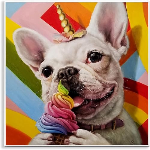 Stupell Industries Helado colorido de unicornio Bulldog francés arcoíris, diseñado por Lucia Heffernan, 12 x 12 pulgadas