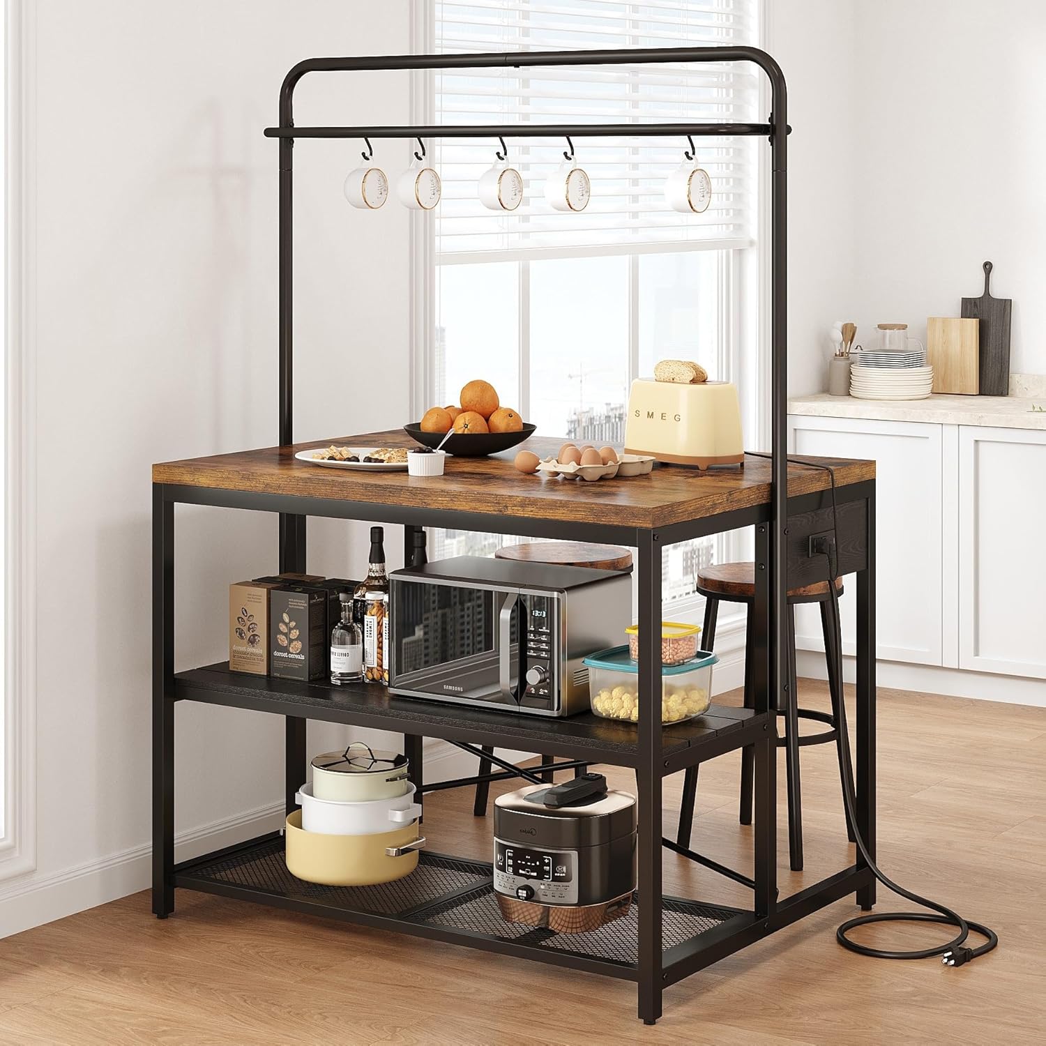 Jocoevol Large Kitchen Island Table Baker Rack with Storage and 3-Tier Storage-Microwave Stand Oven Shelf, Metal Coffee Bar Table,Kitchen Shelf for Dining Living Room, 5 Hooks,Vintage (Vintage)