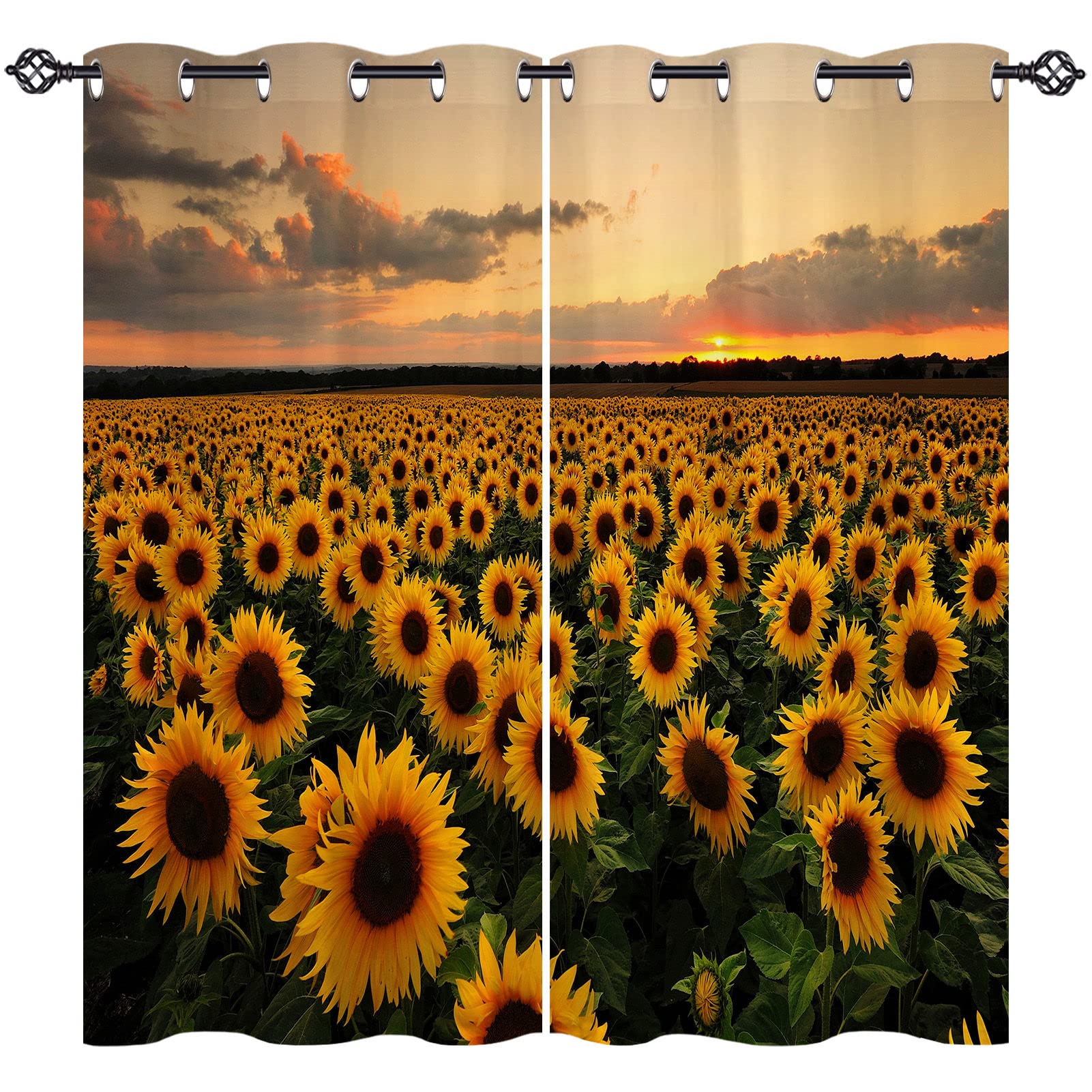 ANHOPE Sunflower Curtains Eyelet 80% Blackout Room Darkening Curtains with Sunset Farm Yellow Flower Field Print Pattern Light Blocking Window Drapes for Bedroom Living Room 46 x 54 Inch Drop 2 Panels — image 1