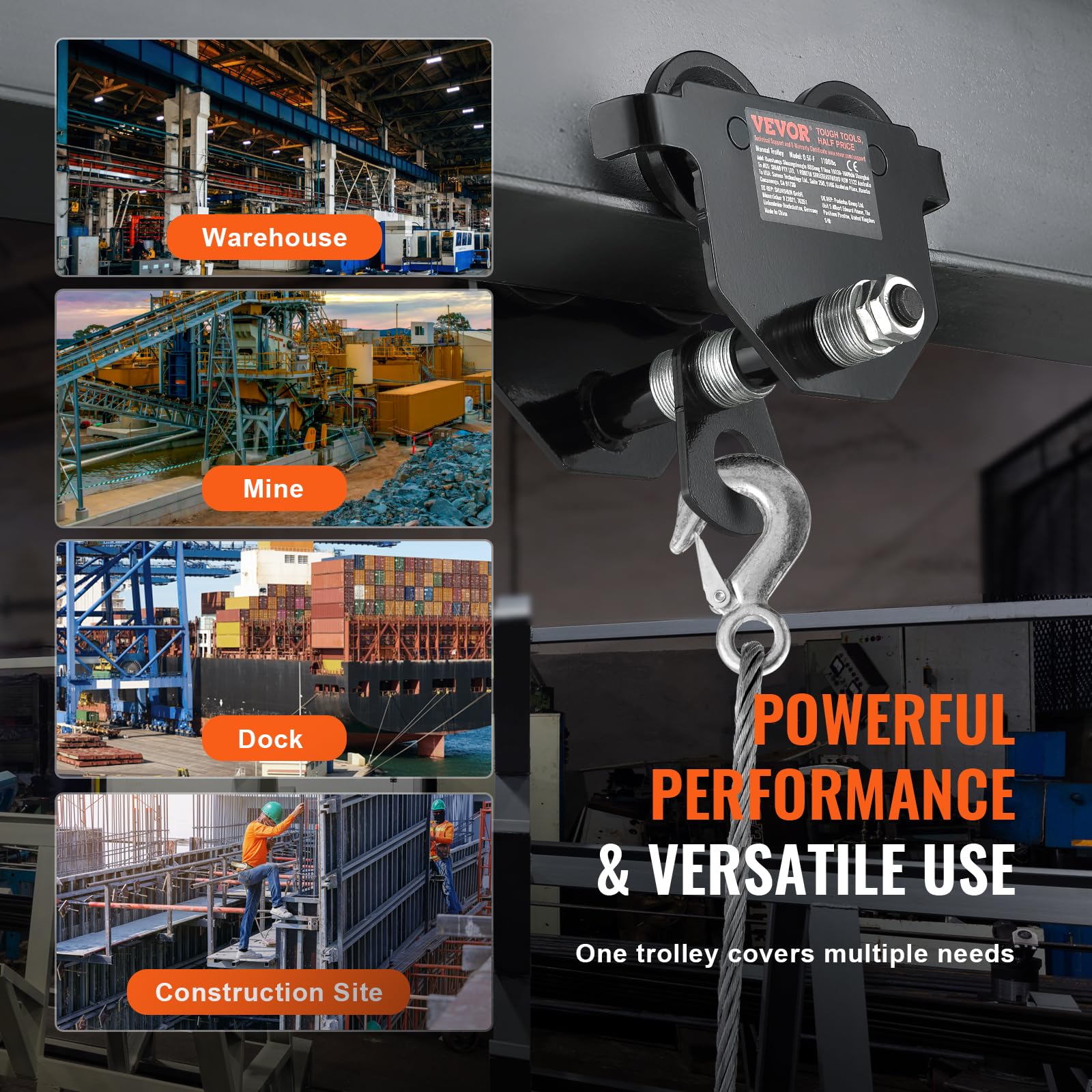 VEVOR Carrello di Sollevamento Capacità di Carico max. 0,5 T, Carrello con Trave di Spinta Larghezza Regolabile 63,5-139,7 mm, Carrello di Sollevamento per Garage Officina in Acciaio Legato Travi I
