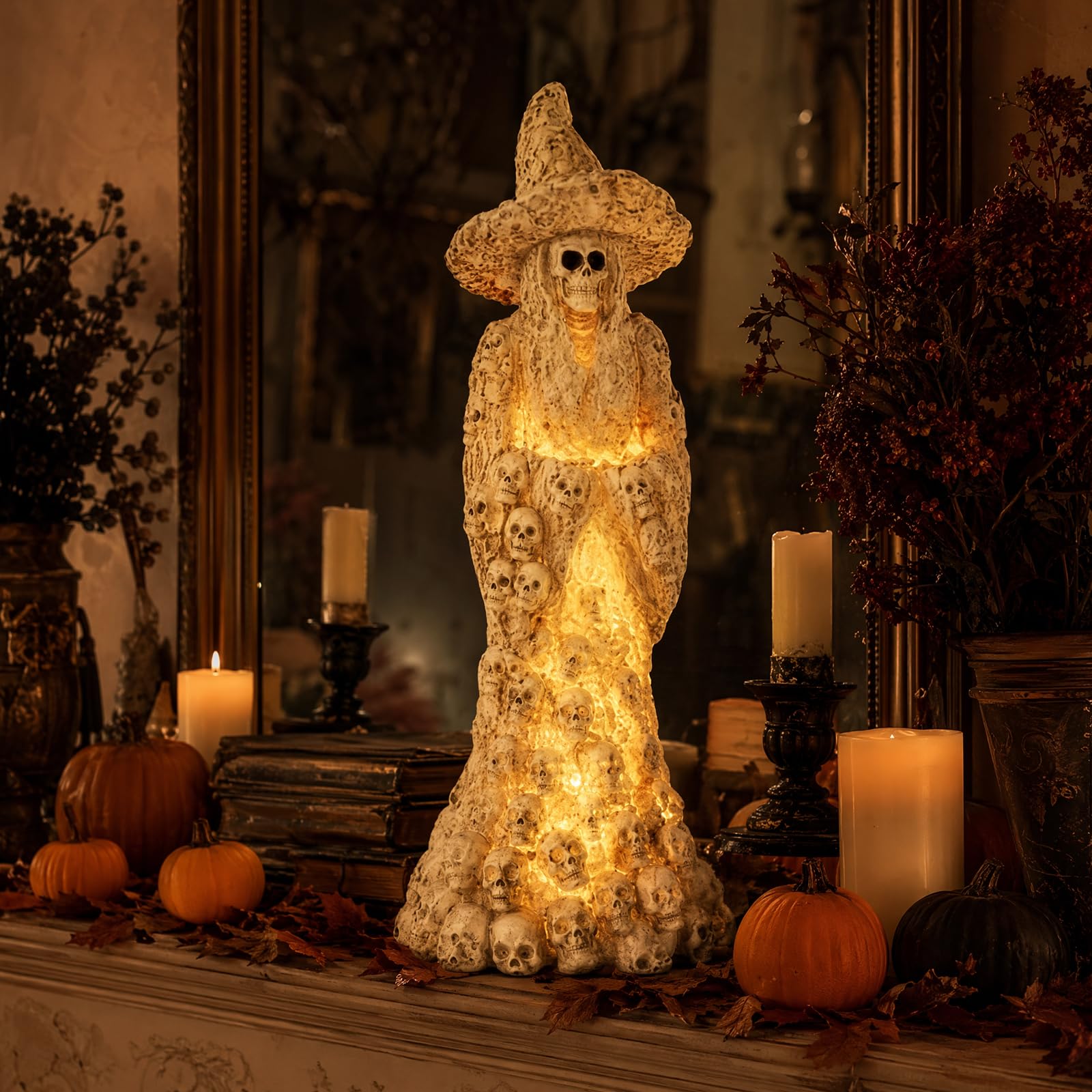 White Skeleton Witch Ornament Halloween Decor, Autumn Witch Figurine With Light