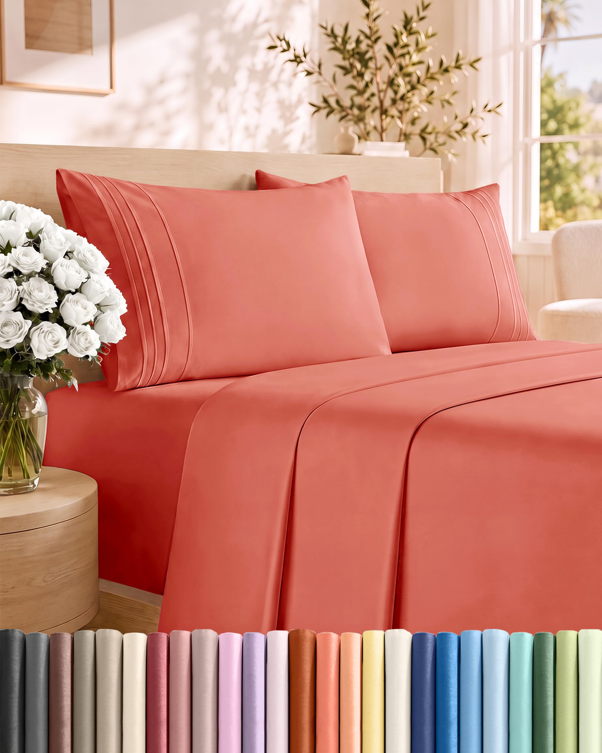Full Size 4 Piece Sheet Set - Comfy Breathable &amp; Cooling Sheets - Coral