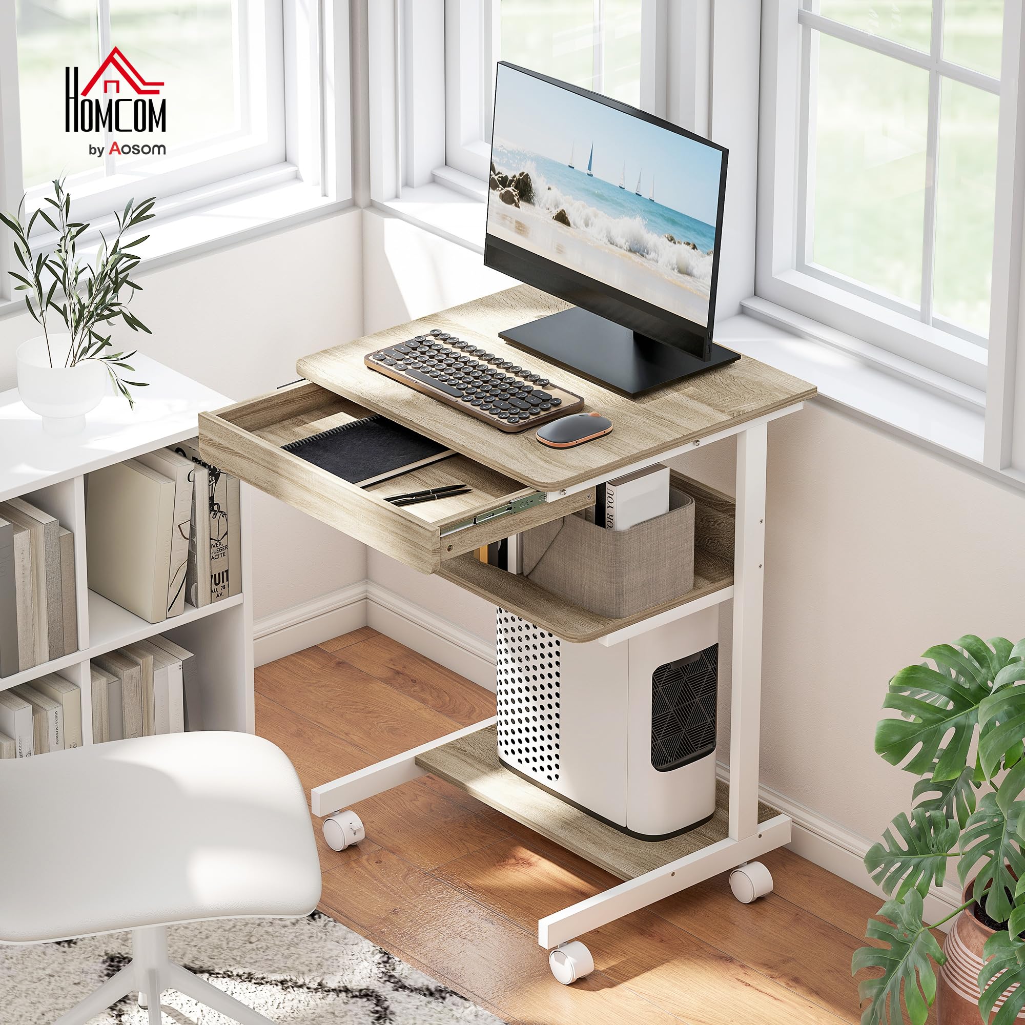 HOMCOM Scrivania Tavolo per Computer, Cassetto, 4 Rotelle, 56x51 cm, Rovere | Scrivania da Ufficio, 4 Rotelle, 2 Ripiani Aperti, Postazione di Lavoro con Supporto CPU, per Studio