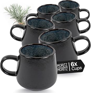 Moritz & Moritz Solid Set of 6 Cups Black/Grey - Coffee Mug Set Made of Robust Stoneware - 400 ml Volume - Dishwasher & Microwave Safe - Perfect for Coffee, Tea & More