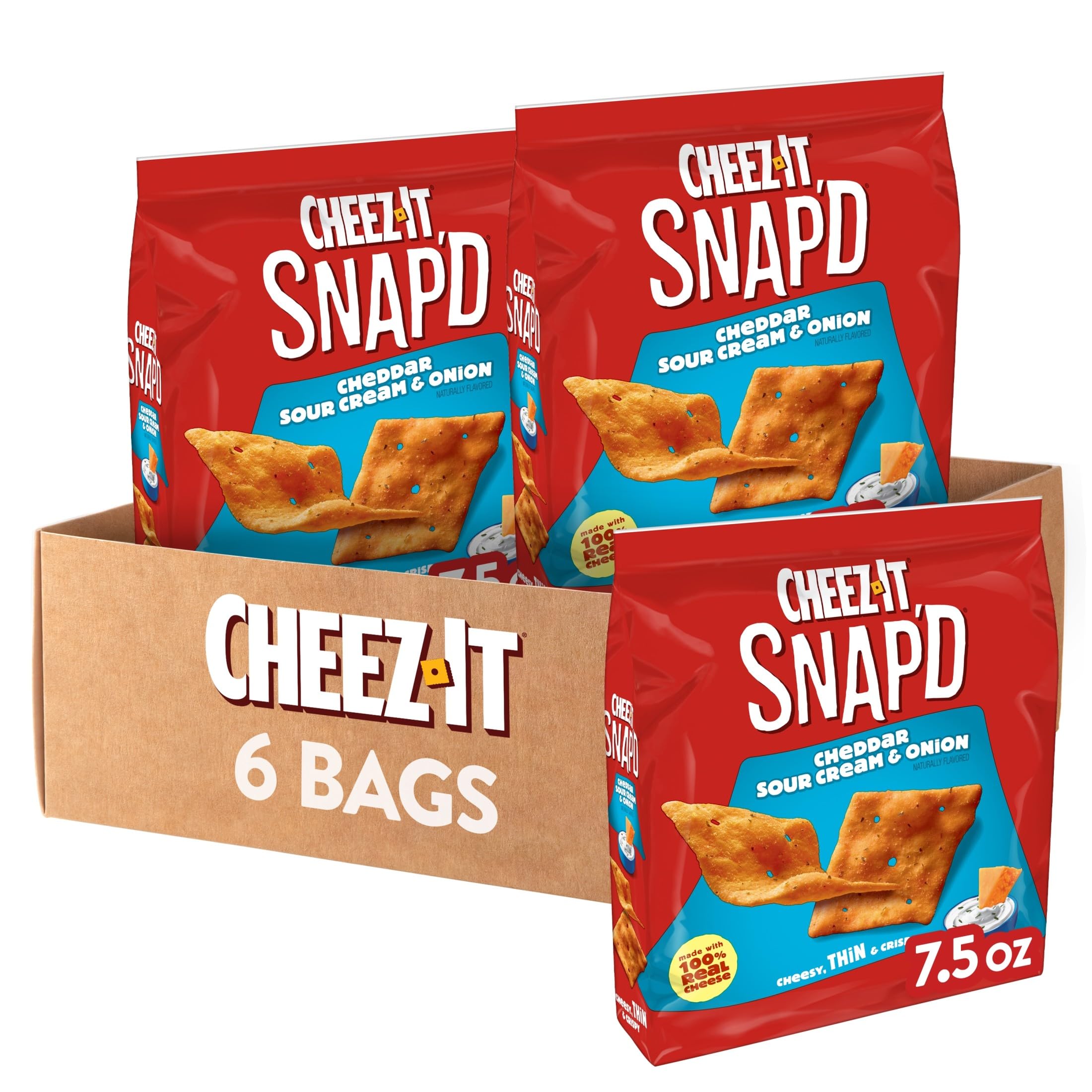 Cheez-ItSnap'd Cheese Cracker Chips, Thin Crisps, Lunch Snacks, Cheddar Sour Cream and Onion, 45oz Case (6 Bags)